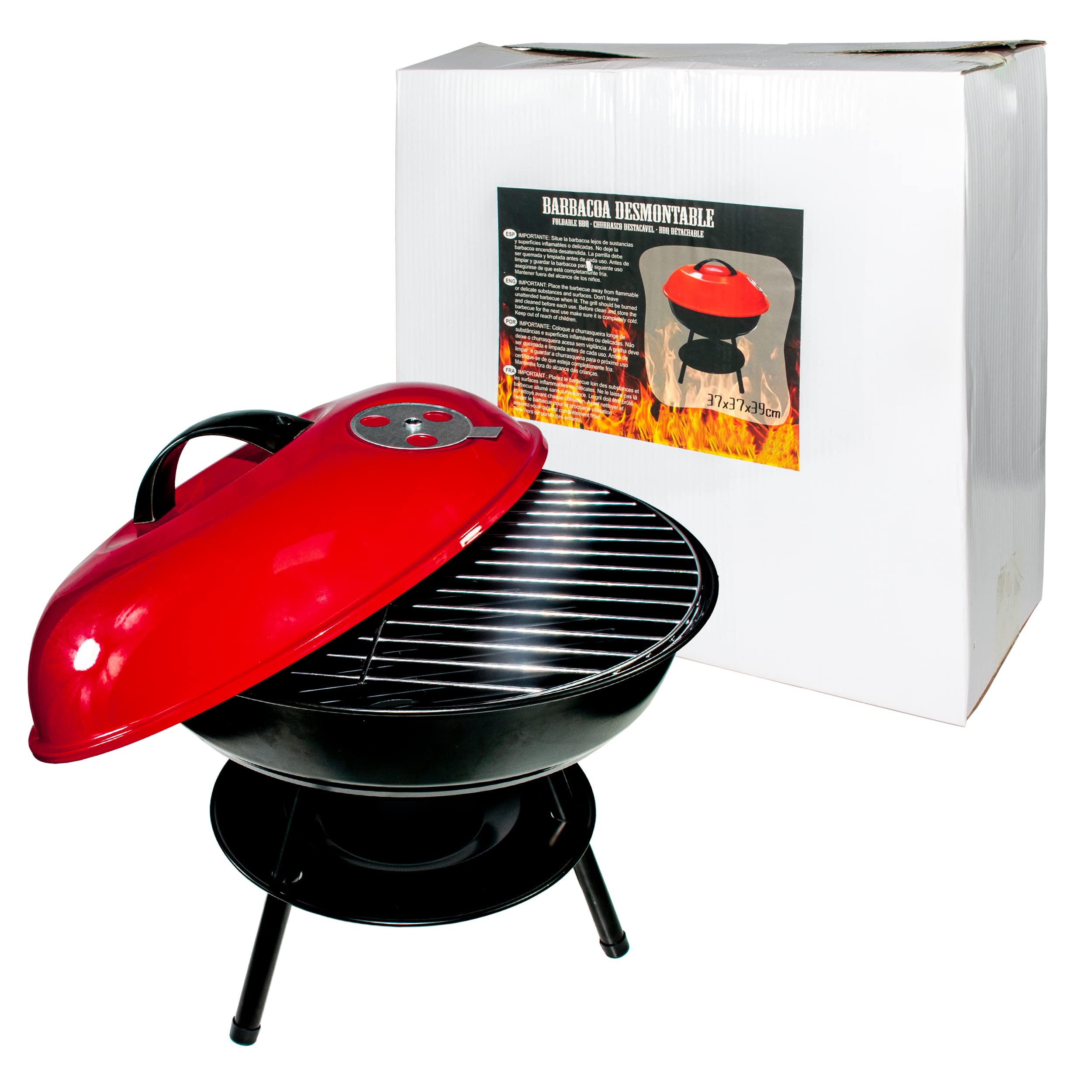Barbacoa BESCH Redonda con 3 Patas Desmontables de Acero 37 x 37 x 39 cm con Bandeja y Tapa - Parrilla Barbacoa de Carbón o Madera Exterior, Camping y Picnic