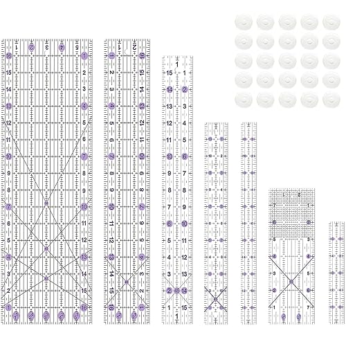 Sewing Ruler, 8 Pack, Acrylic Quilting Templates(6"x17", 3"x17", 2"x16", 1.5"x12", 1"x12", 1"x6", 8"x3"), Non Slip Rings 25 Pieces, Sewing and Quilting Supplies - Clear/Purple - Purple