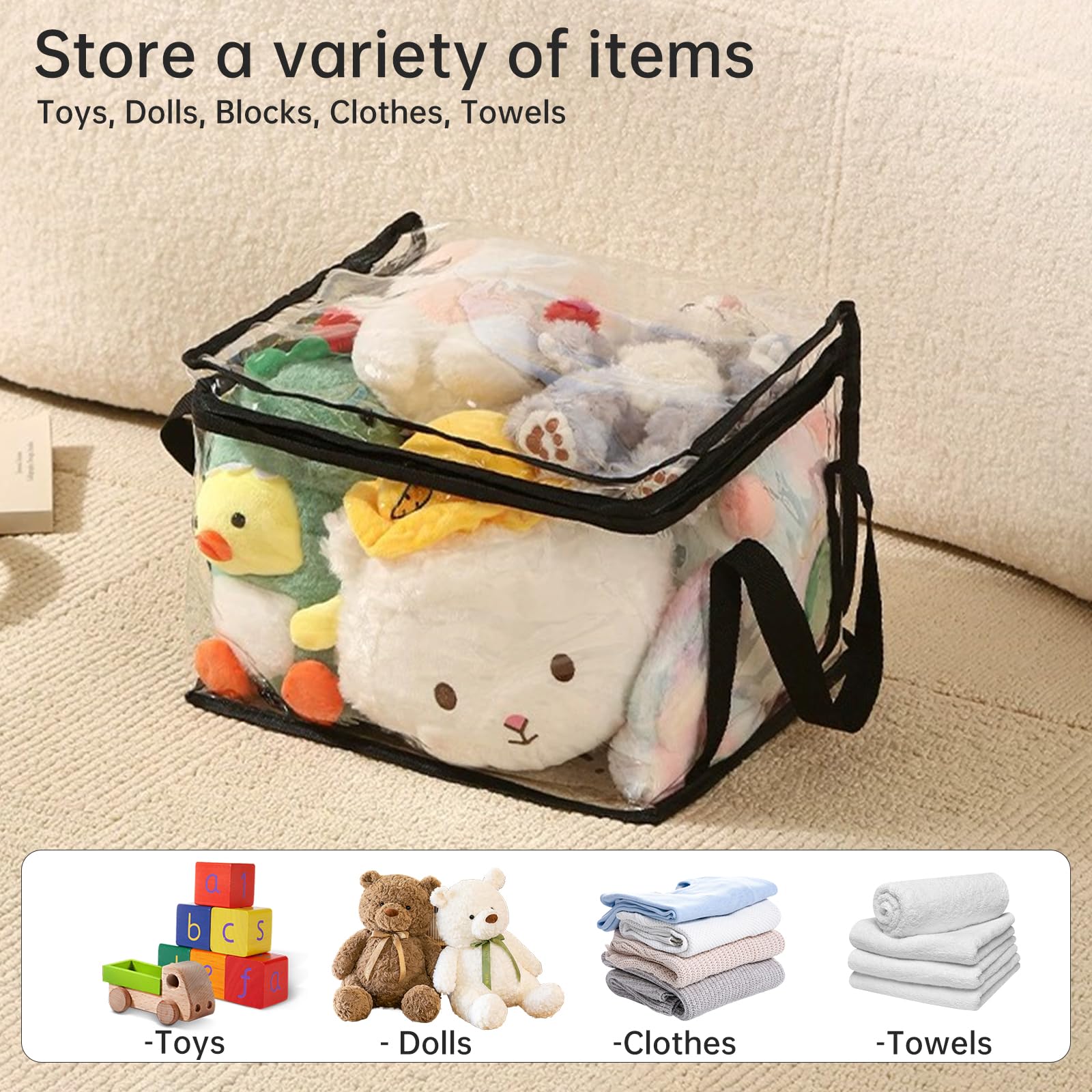 Clear Toy Storage Organizer Bags, Reusable Transparent PVC Travel Waterproof Zipper Bags for Organizing, Large Toy Organization Board Game, Puzzle Storage Containers (4, Large)