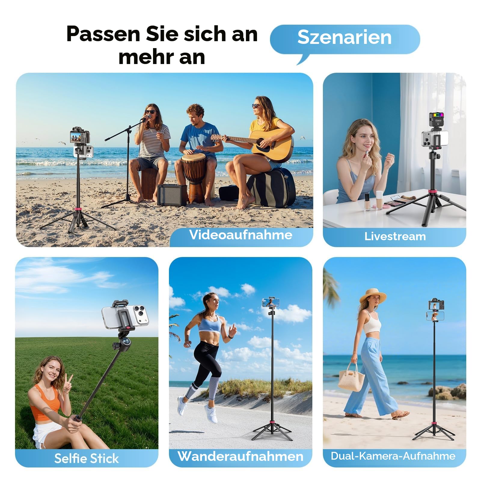 ULANZI MT-44 B [2026 Aktualisierte] Auto Pop Open Handy Kamera Stativ, Automatisch öffnen Vierbeinständer, Selfie Stick Bluetooth 150cm, Kompakt Reisestativ 360° Kugelkopf für DSLR Samsung iPhone