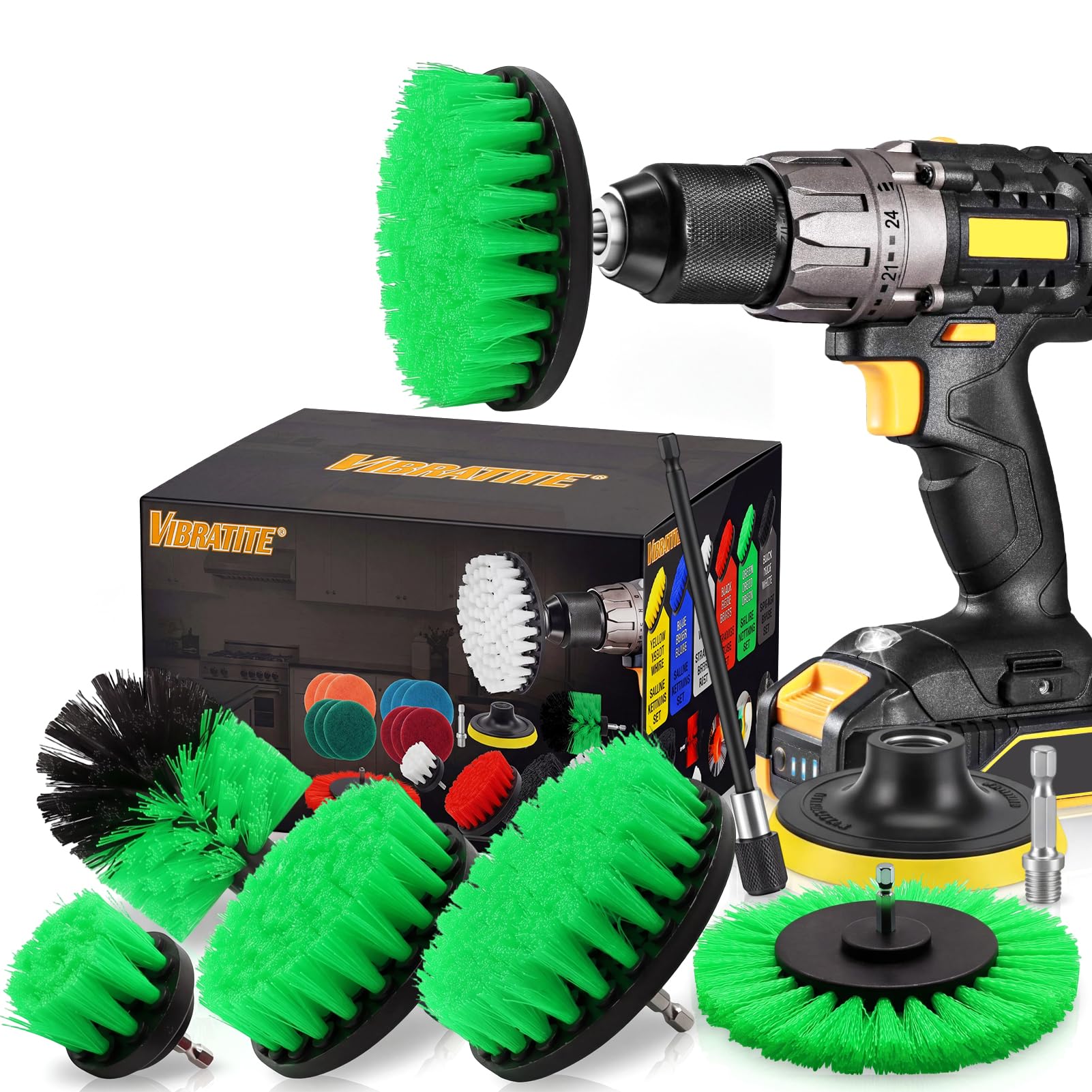 VIBRATITE Set di 20 spazzole per trapano a batteria, spazzola per la pulizia dei cerchioni, kit per la pulizia dei cerchioni, Power Scrubber per bagno, cerchioni e tappezzeria, verde
