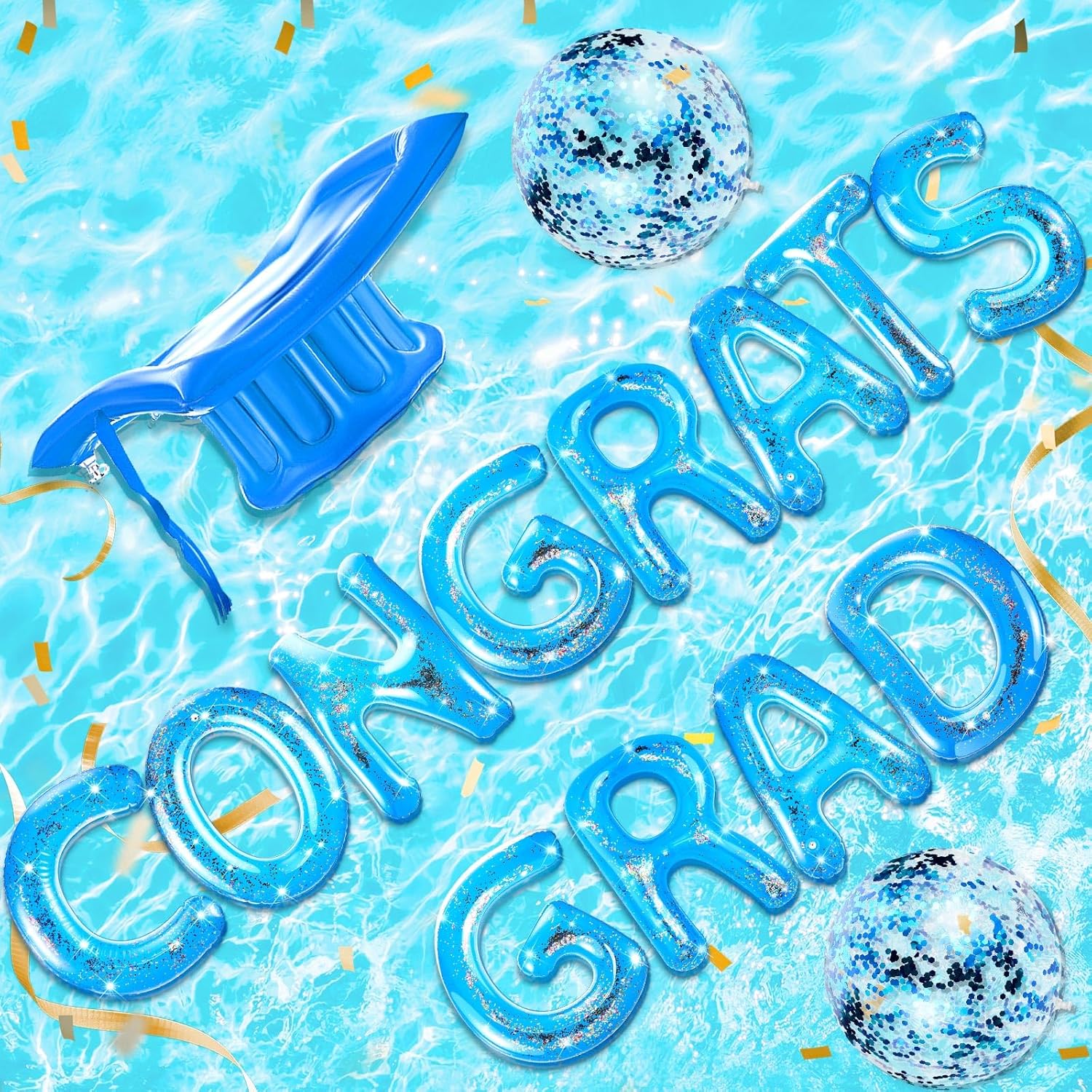 Sumind 15 Pcs Congrats Grad 2026 Pool Float 20" Inflatable Letter Pool Float Glitter Grad Party Decor Graduation Decoration Set with Graduation Beach Ball Hat for Beach(Blue)