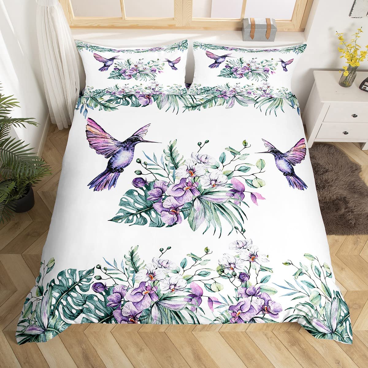 Juego de ropa de cama de colibrí con flores moradas para niños y niñas, funda de edredón con diseño floral de jardín de lavanda, hojas de palma tropicales, juego de cama Super King, decoración de