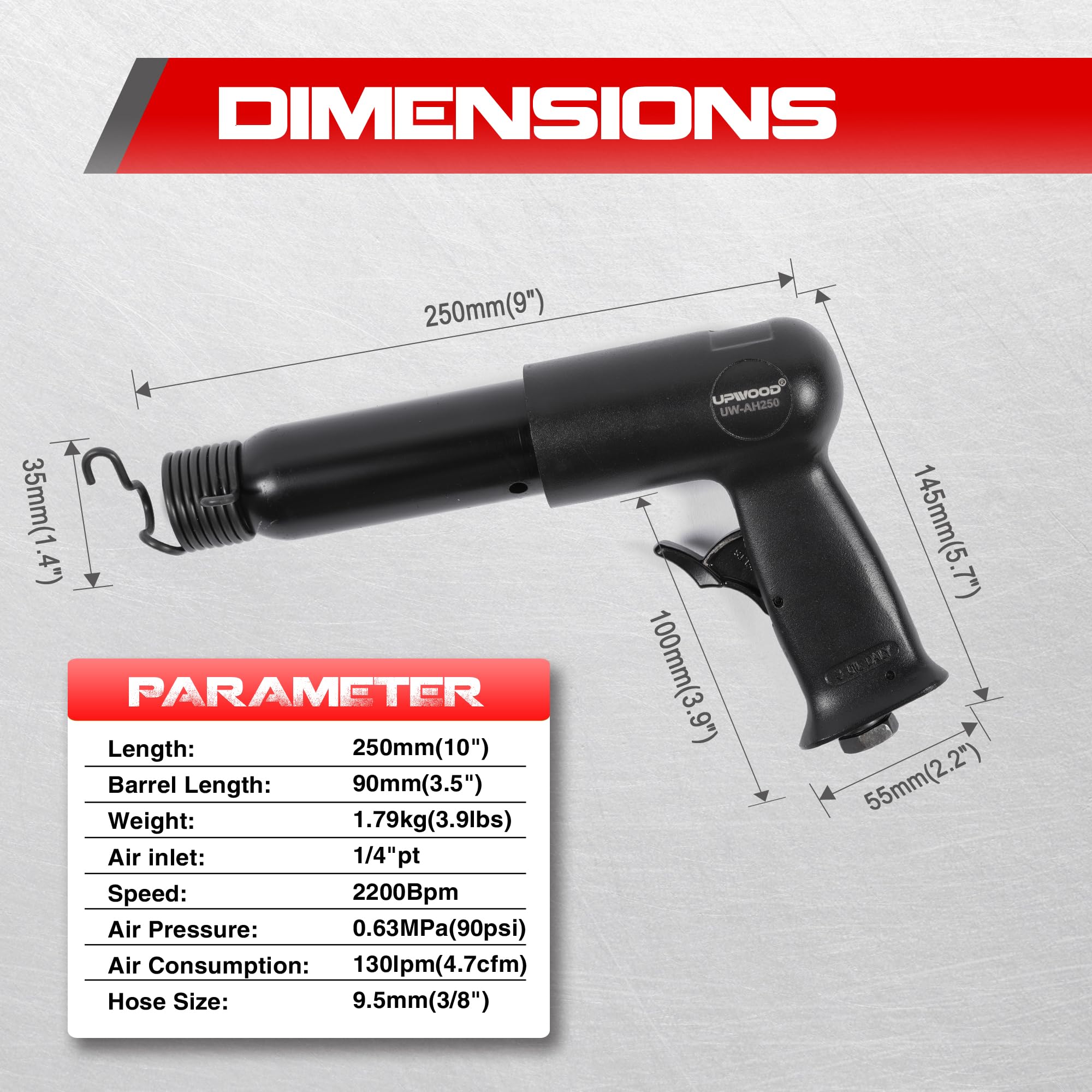 UW-AH250 Long Barrel Air Hammer Kit with Quick Change Retainer and 4 Chisels, 3-5/8 Inch Stroke, 2200 BPM, Light Weight - Image 2