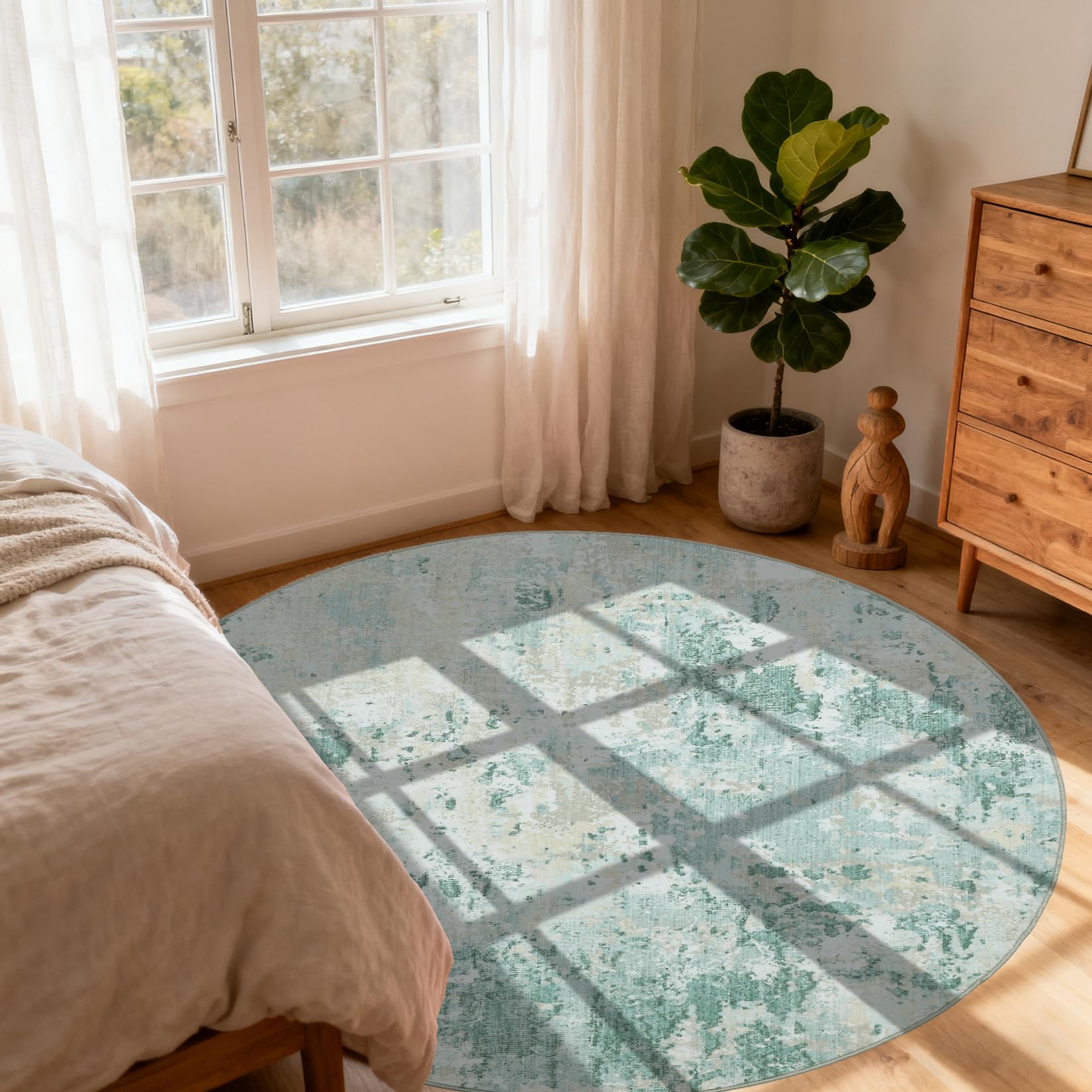 CAROMIO Tapis rond moderne abstrait pour chambre à coucher, salon, tapis moderne antidérapant pour bureau et bureau - Tapis pliable à poils courts - Vert - 120 cm