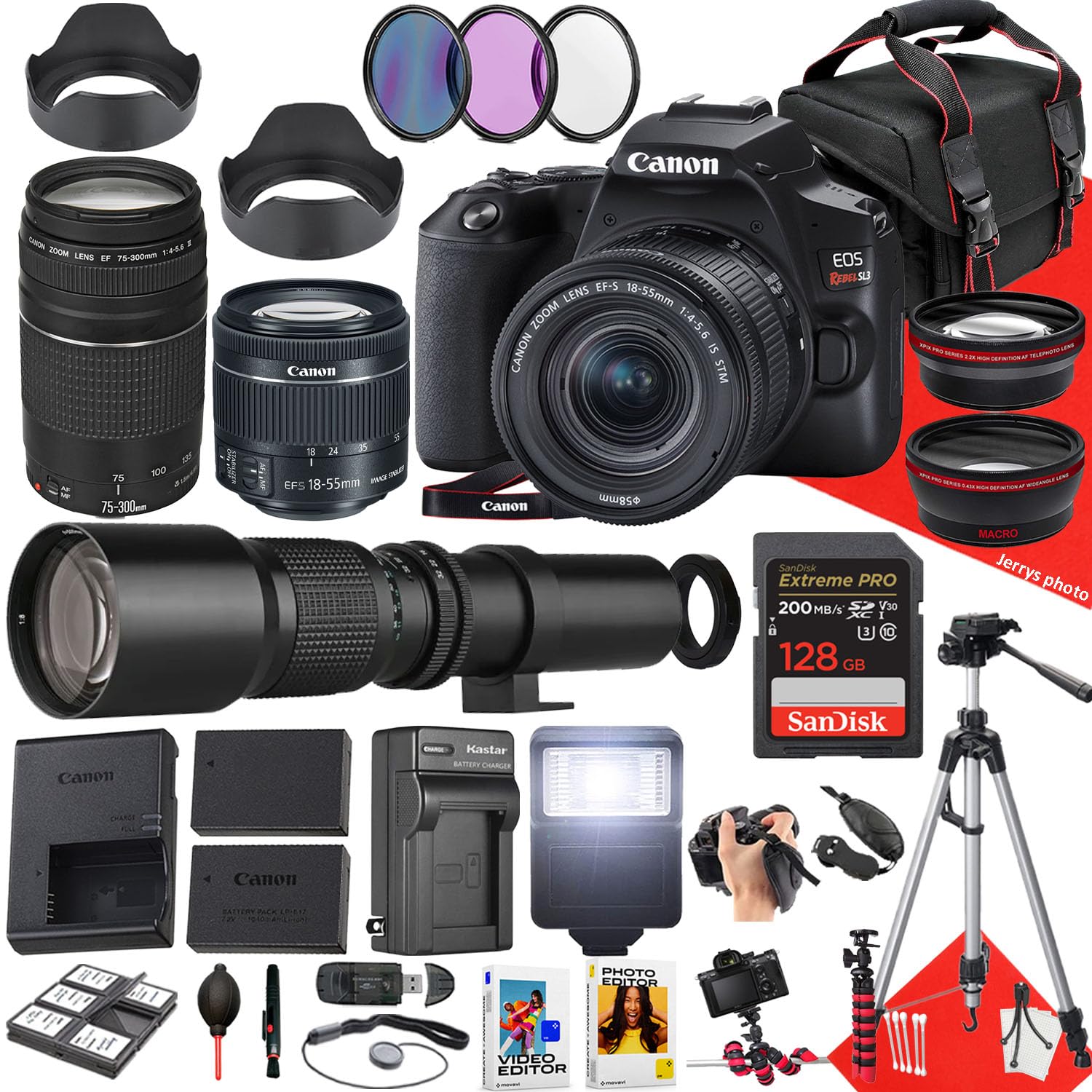 Canon EOS Rebel SL3 DSLR Camera with EF-S 18-55mm f/4-5.6 is STM, EF 75-300mm f/4-5.6 III and 500mm f/8.0 Preset Telephoto Lens + 128 GB Memory + Filters + More (37pc Bundle) (Renewed)