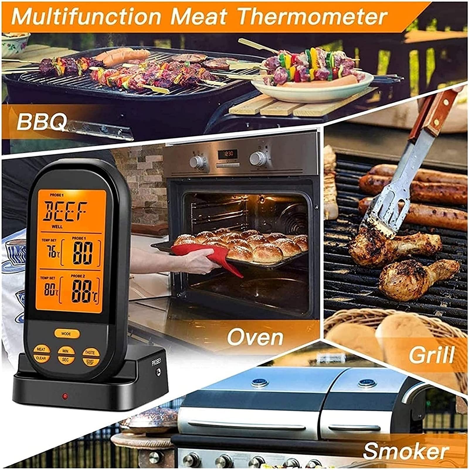 XMING Bezprzewodowa zdalna cyfrowa cyfrowa termometr mięsny z podwójną sondy do grillowania palacza GRILL Termometr