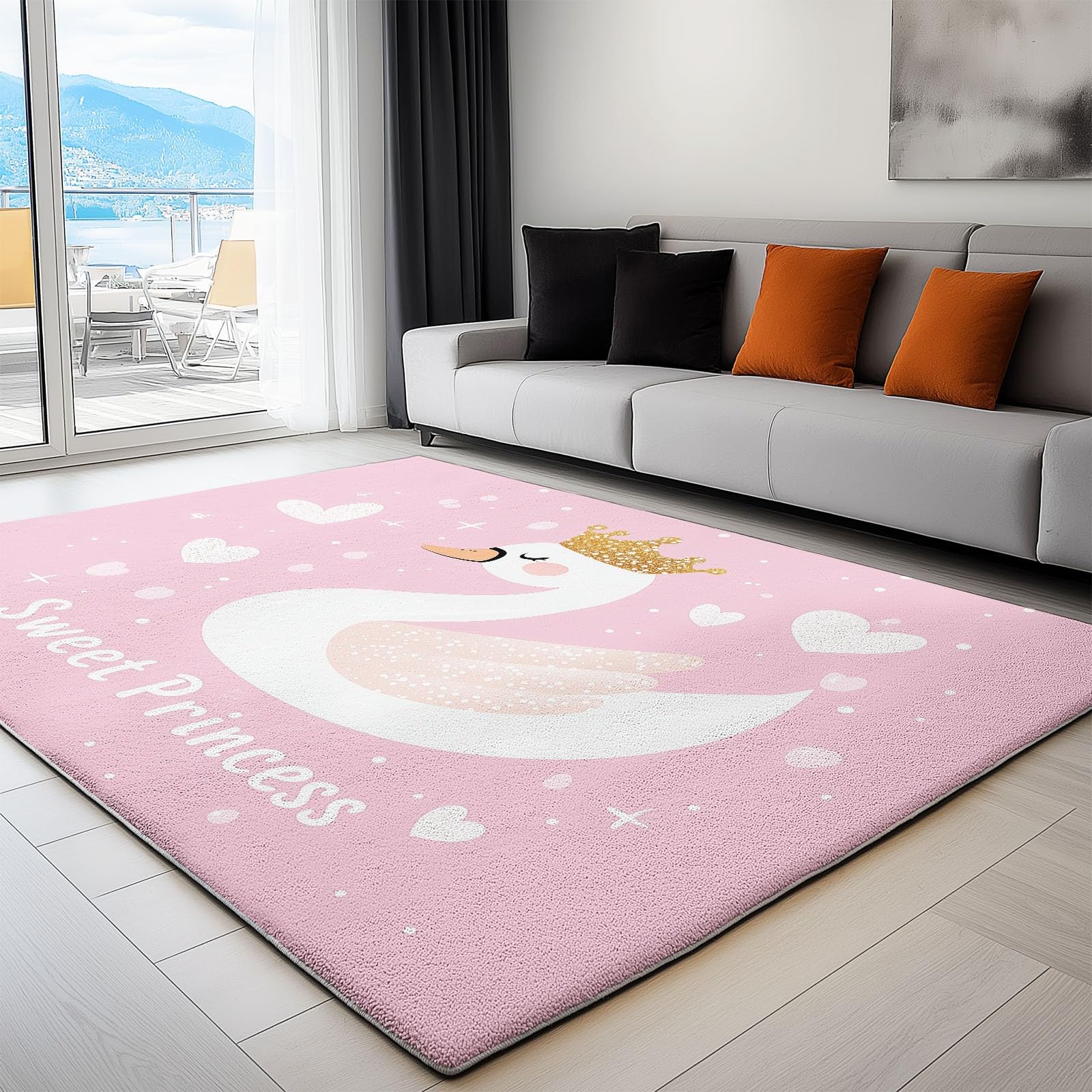 Tapis Salon Poil Court Lavable Antidérapant 60x110 cm Rose Blanc Motif Cygne Princesse