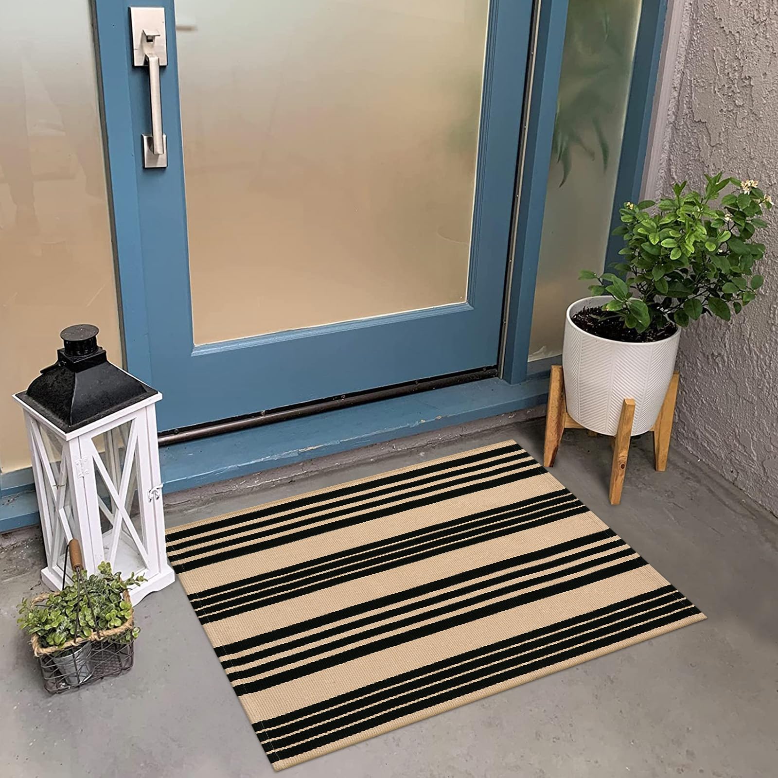 Tiveney 2x3 Outdoor Front Door Mat, Black and Khaki Layered Welcome Outside Door Mats, Washable Reversible Door Rugs Cotton Woven Welcome Mats for
