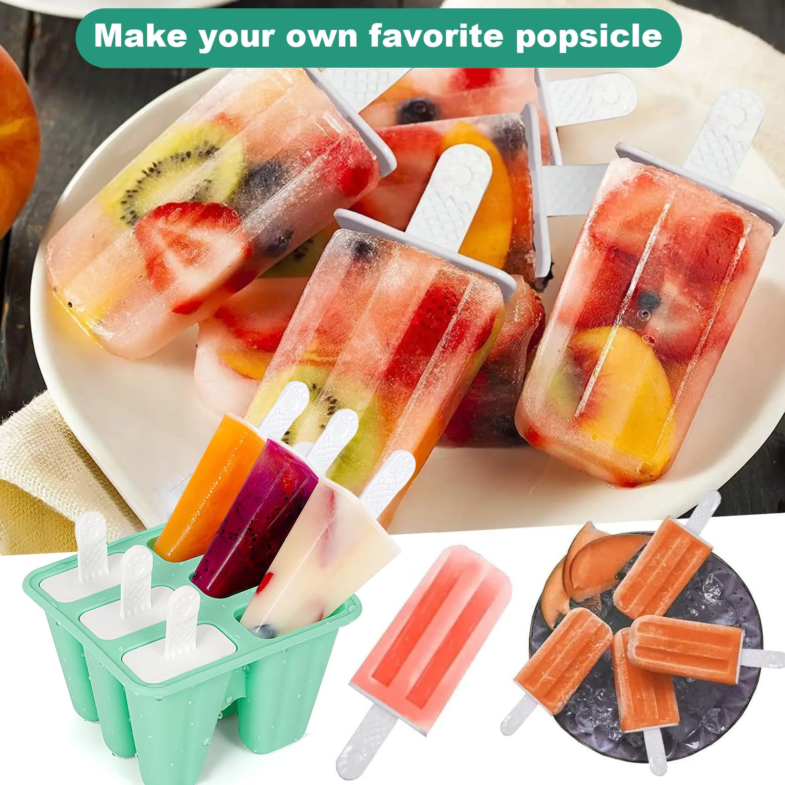 Moldes para Helados de Silicona, Moldes Helados con Embudo y Cepillo de Limpieza, Reutilizable Moldes para Paletas, Ice Cream Mold para Niños, Adultos (Verde, 6 Cavidades)