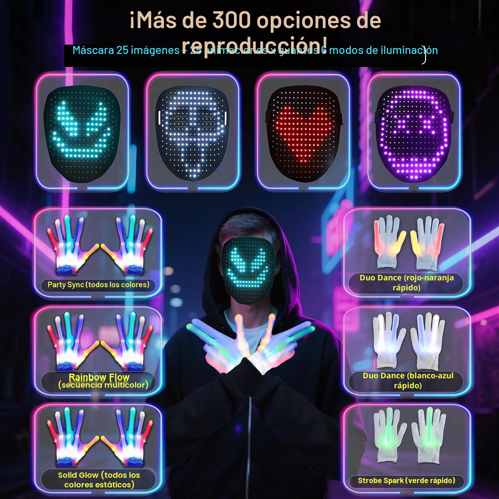 Mascara Led Guantes Set 2026 Disfraz juguetes niños 8+ años | Recargable Con Detección De Gestos Light Mask, Full Face Cos Regalo Navidad For Adulto Hombre
