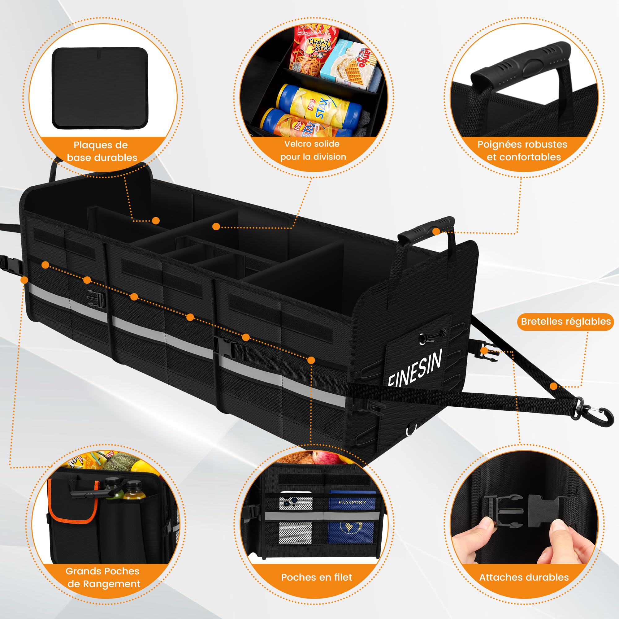 Einesin Rangement Coffre de Voiture Organisateur Coffre 88L avec 22L Sac Isolant Amovible, 7 Compartiments Ajustables, Sac De Rangement Pliable avec Couvercle, Fond Antidérapant