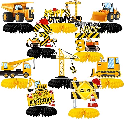 10 centros de mesa de construcción de panal de abeja para decoración de fiesta de tercer cumpleaños para niños, camión volquete, cono, zona de disponible en Yaxa Venezuela