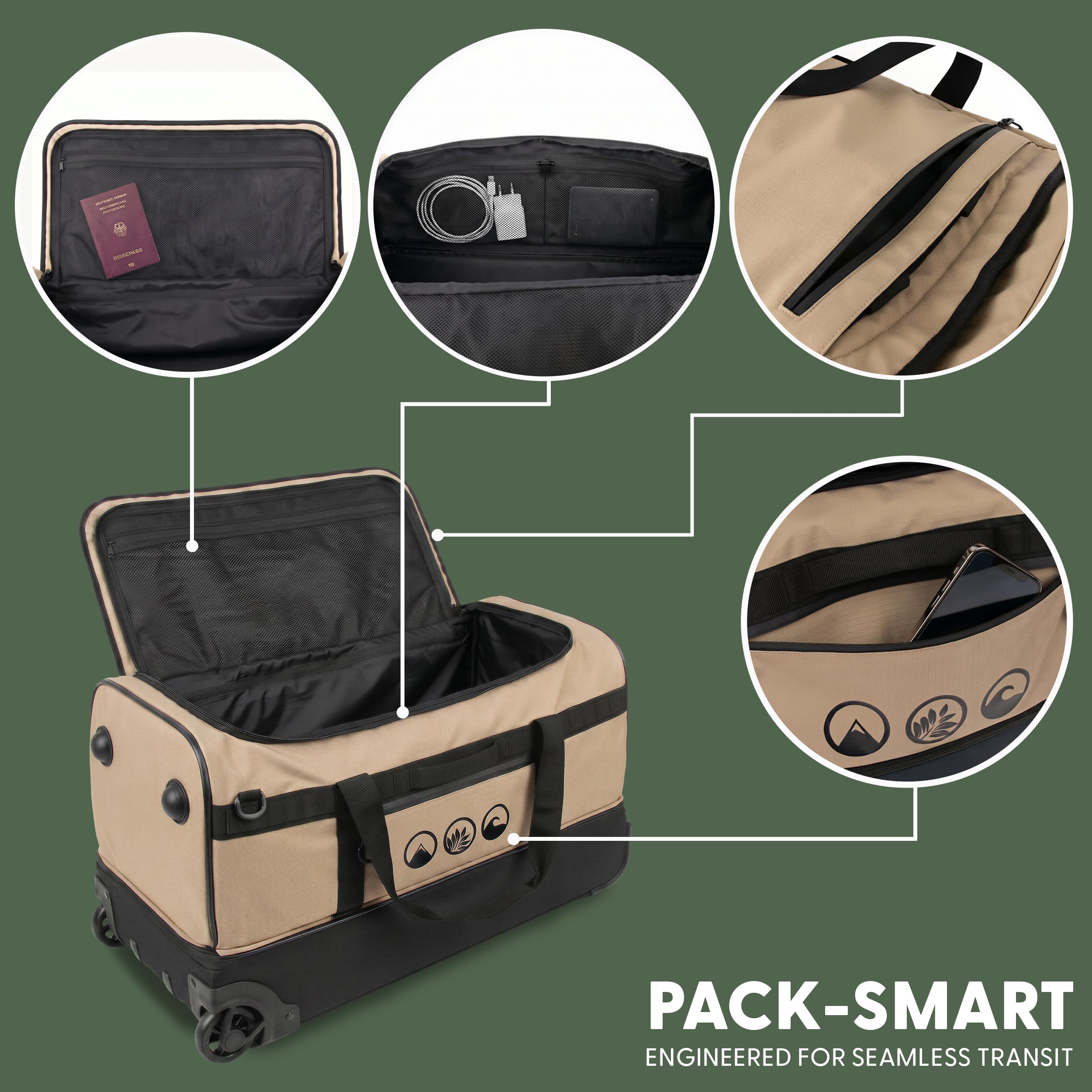 Bolsa de viaje XL con ruedas 3 en 1, mochila de viaje y carrito impermeable | Flow con compartimento para zapatos y esquinas protectoras para hombre y mujer | mochila de viaje de alta calidad Ripstop