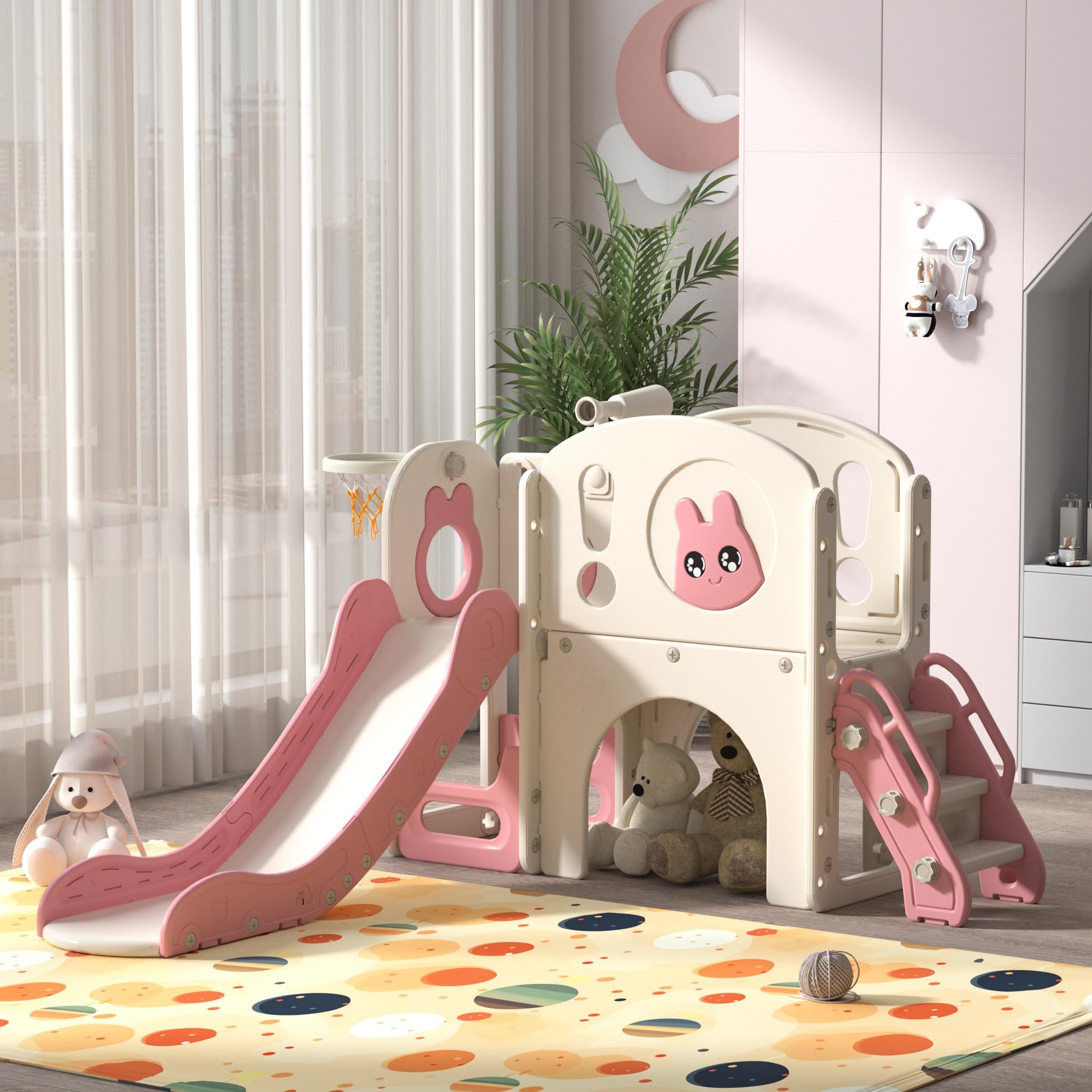 9-in-1 Toddler Slide with Climbing Ladder,Tunnel and Basketball Hoop, Indoor Outdoor Slide Set for Kids, Children's Play Equipment,Gifts for Kids Girls Boys Teen Ages 1-6 (Pink Rabbit)
