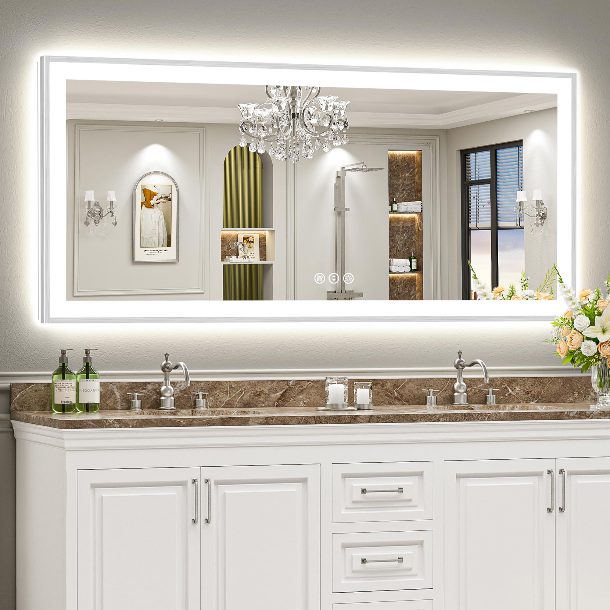 72x32 Brushed Nickel LED Bathroom Mirror with Lights, Backlit &amp; Front-Lit, Anti-Fog, Framed Lighted Vanity Mirrors for Bathroom Wall, Dimmable, 3 Colors, Memory, Shatter-Proof, Tempered Glass