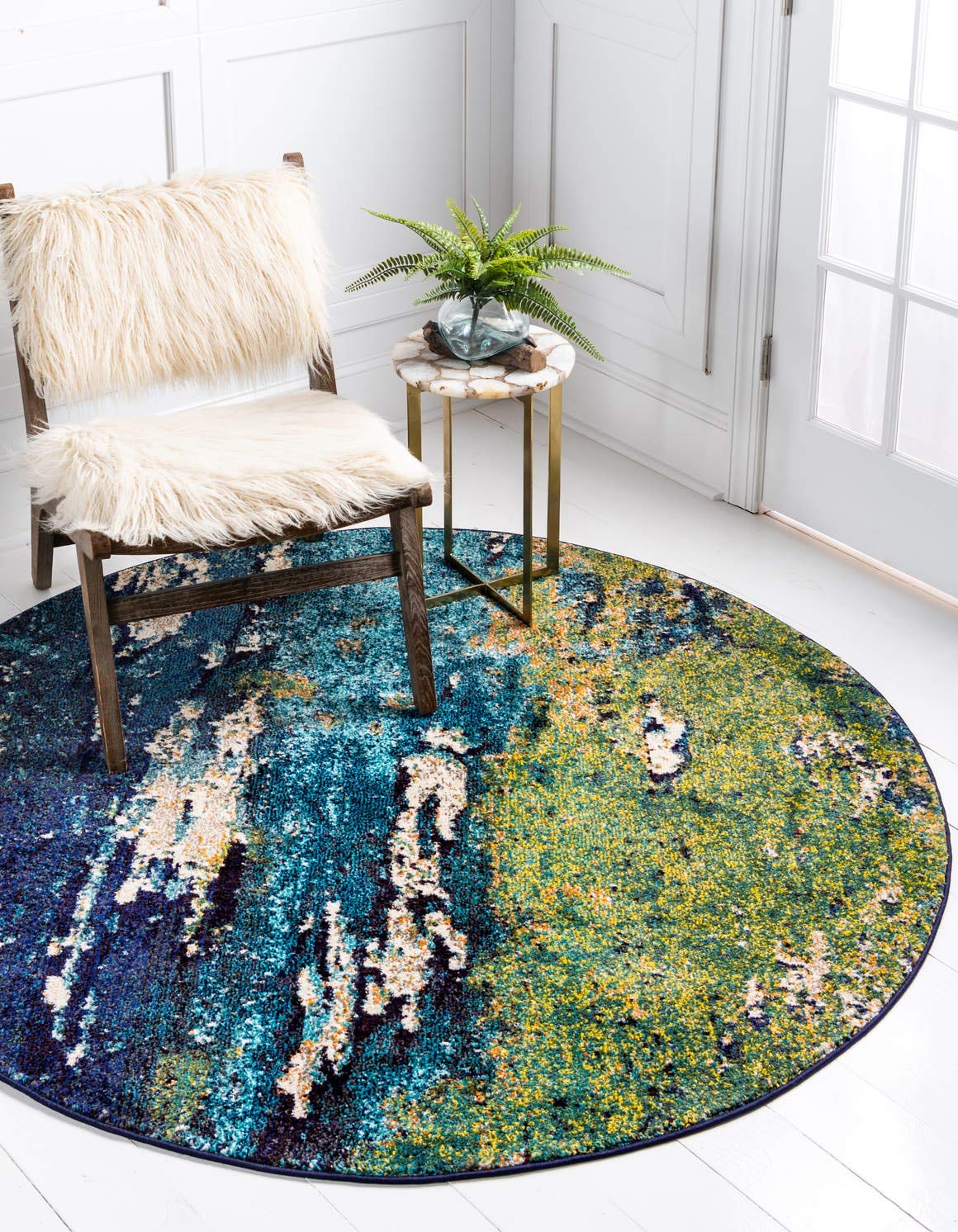 Unique Loom Estrella Collection Distressed, Landscape, Abstract, Modern, Earth Tones Area Rug (6' 0 x 6' 0 Round, Navy Blue/Green)