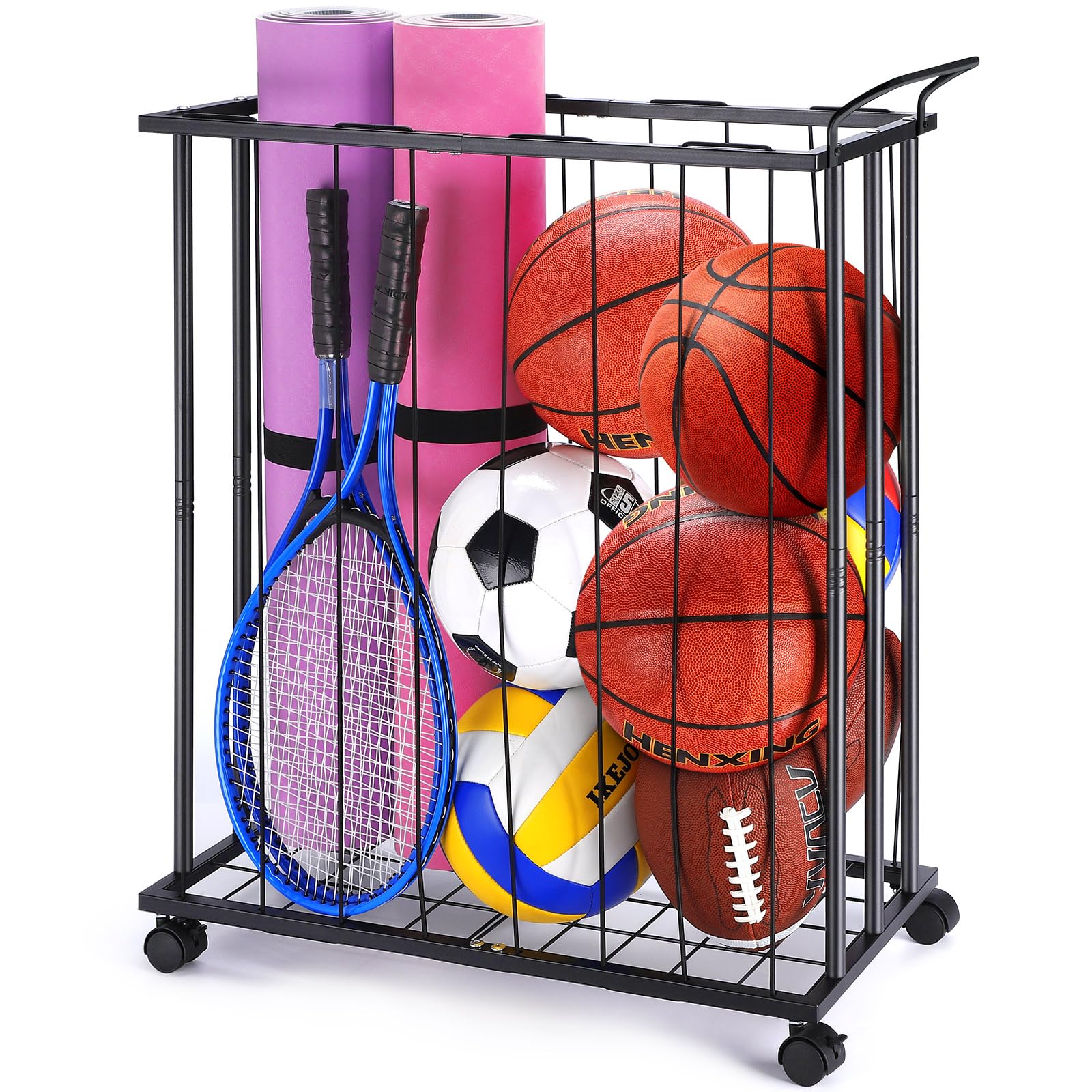 TOBWOLF Garage Veranstalter Ballständer, Ballaufbewahrung Outdoor mit Rädern, Abnehmbares Ball Aufbewahrung, Basketball Halter für Basketball, Fußball, Football, Volleyball