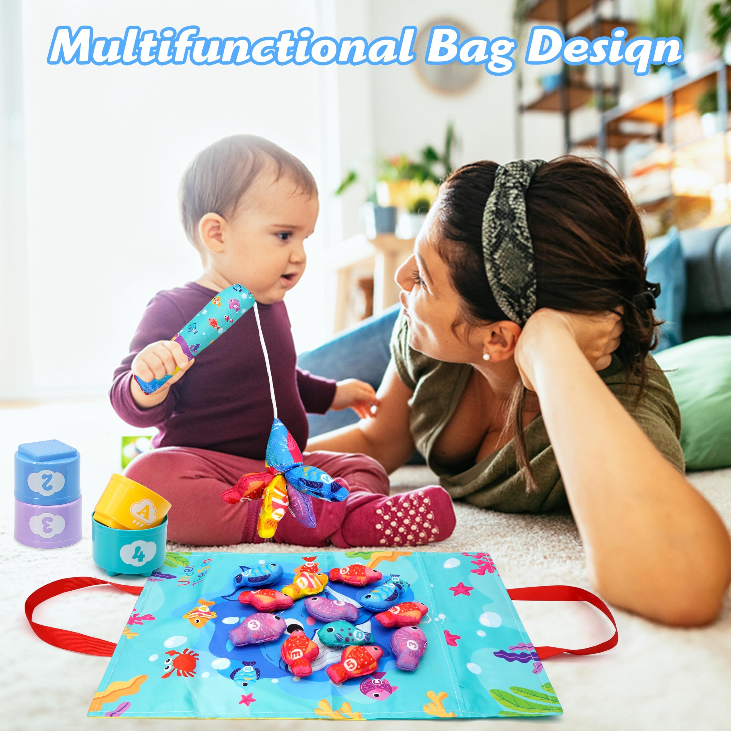 Giochi Montessori 1 Anno, Gioco Pesca Bambini in Tessuto con 15 Pesce e 5 Secchi Impilabili Colorato Giocattolo Educativo Gioco Montessori Pesca Morbidi Regali per Bambini Bambina 1 2 Anni
