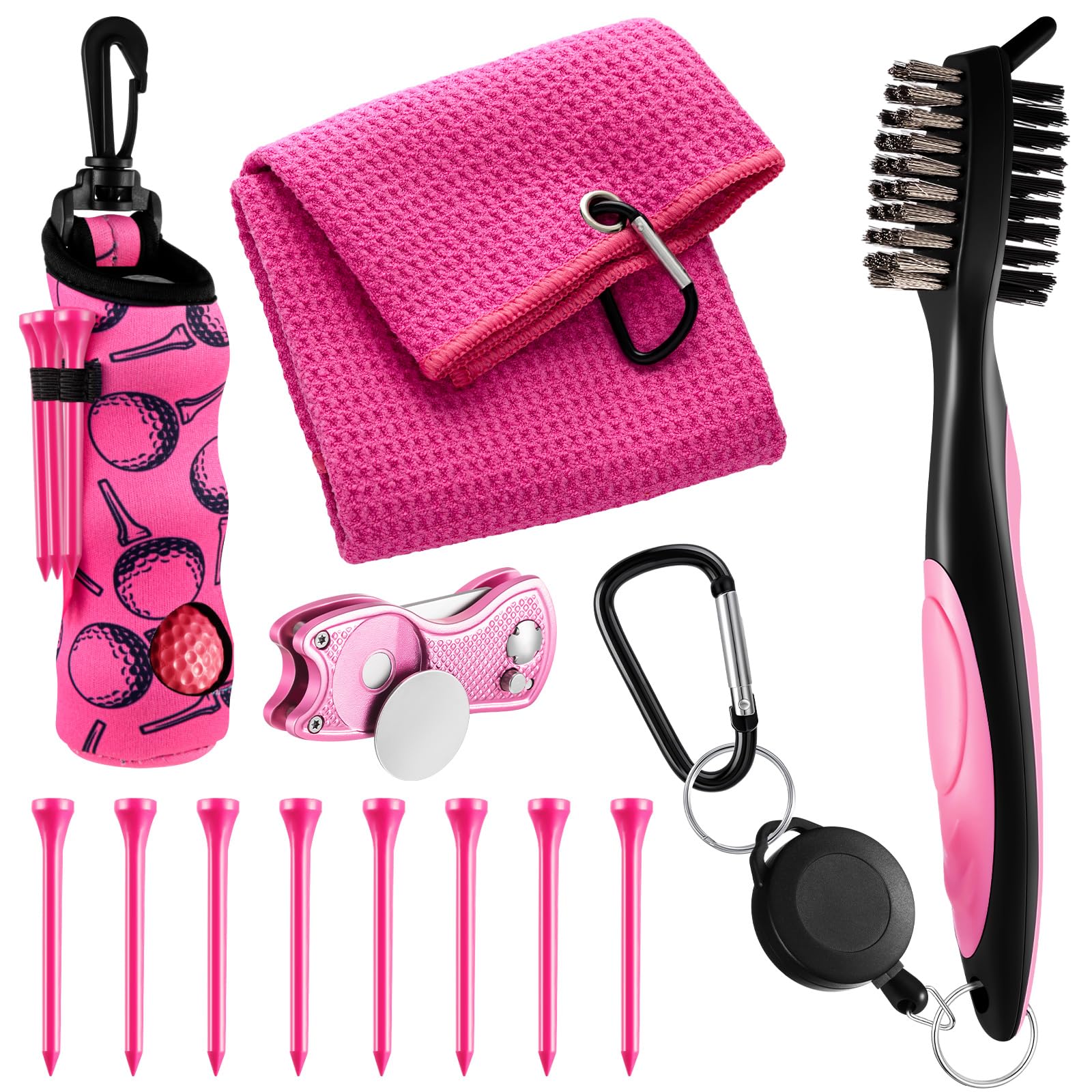 Liliful Kit de accesorios de golf de 12 piezas, incluye bolsa de toalla para pelotas de golf con gancho, herramienta de división de cepillo limpiador con marcador magnético de bola para mujeres y
