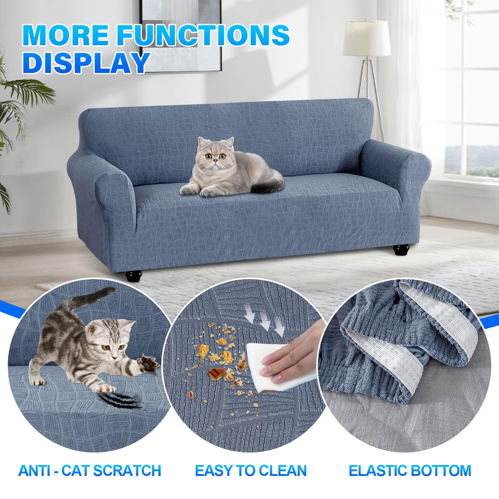 Ystyle Housse de Canapé Imperméable 3 Places avec Accoudoirs, Universelle Protege Canape Antidérapante, Sofa Cover Anti Poils Animaux, Protector Decoration pour Canapé, Bleu Gris