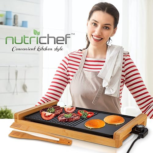 Miniatura 7 de NutriChef Parrilla y plancha para interiores 2 en 1, parrilla eléctrica antiadherente sin humo con correa de madera, temperatura ajustable de 250 a