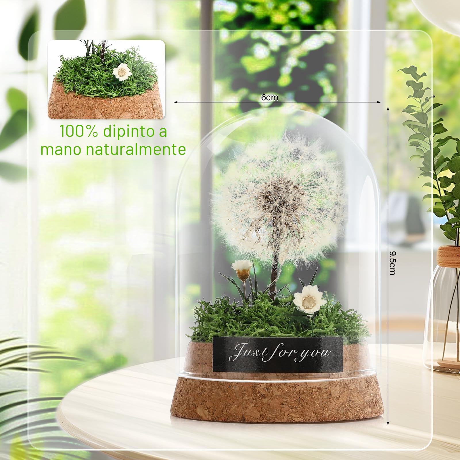 Vetro Fiore Desiderato Dente di Leone con Luce LED Regalo Decorativo Verde Smeraldo