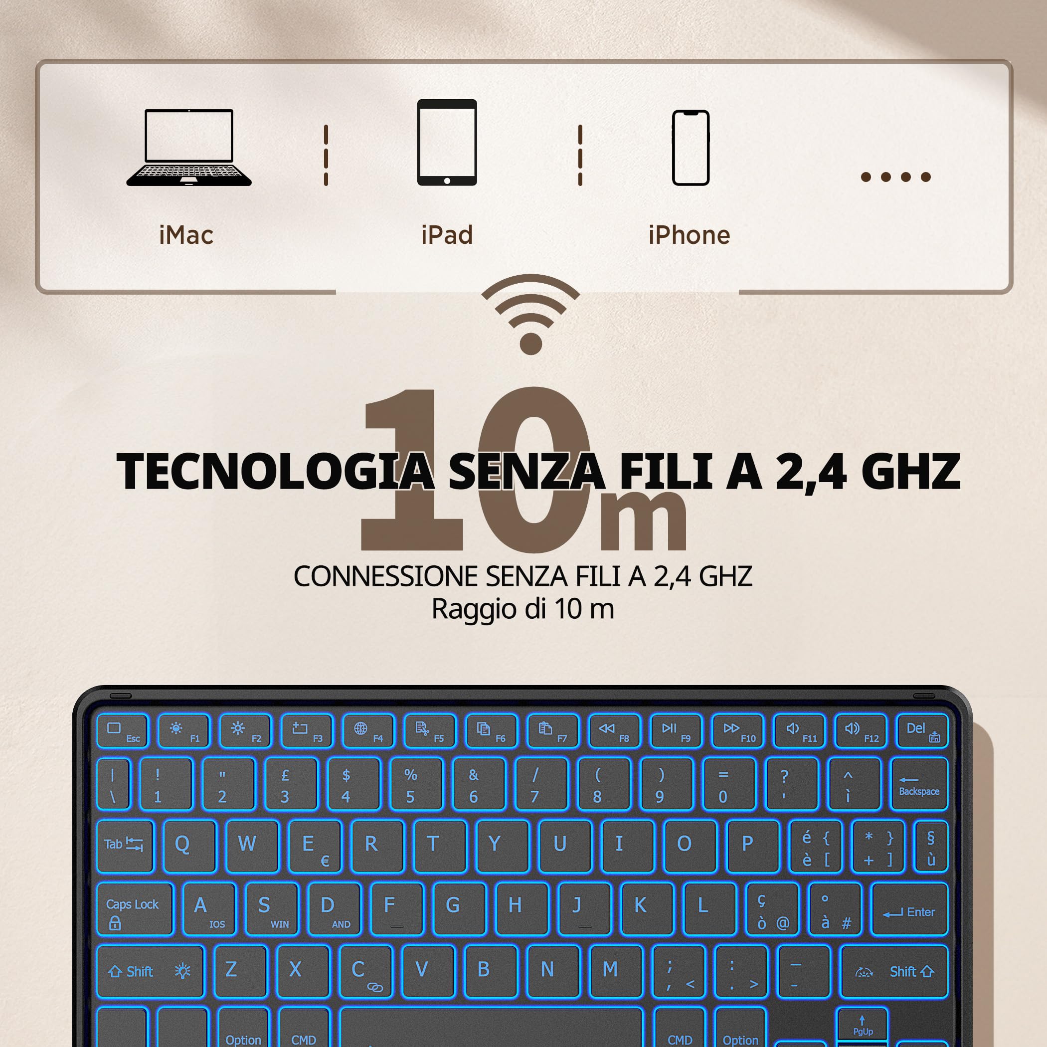 CACOE Tastiera Bluetooth Senza Fili Ultra Sottile con Multi Touch Integrato Touch Pad con Android IOS e Windows, 7 Colori Retroilluminate, Tastiera Senza Fili, Layout Italiano, Nera