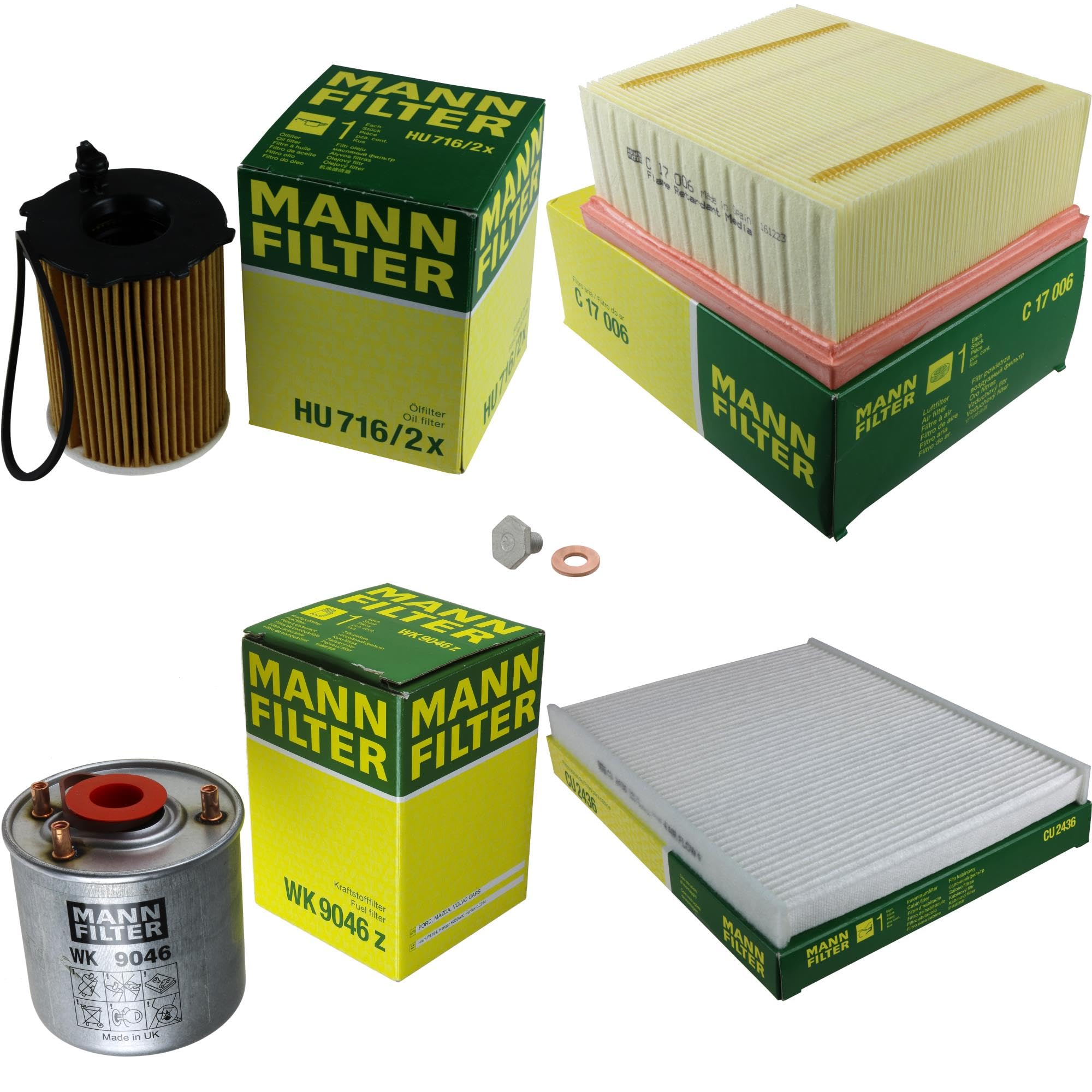Pacchetto di ispezione pacchetto di manutenzione filtro con filtro olio HU 716/2 x, filtro aria C 17 006, filtro carburante WK 9046 z, filtro abitacolo CU 2436, vite di chiusura