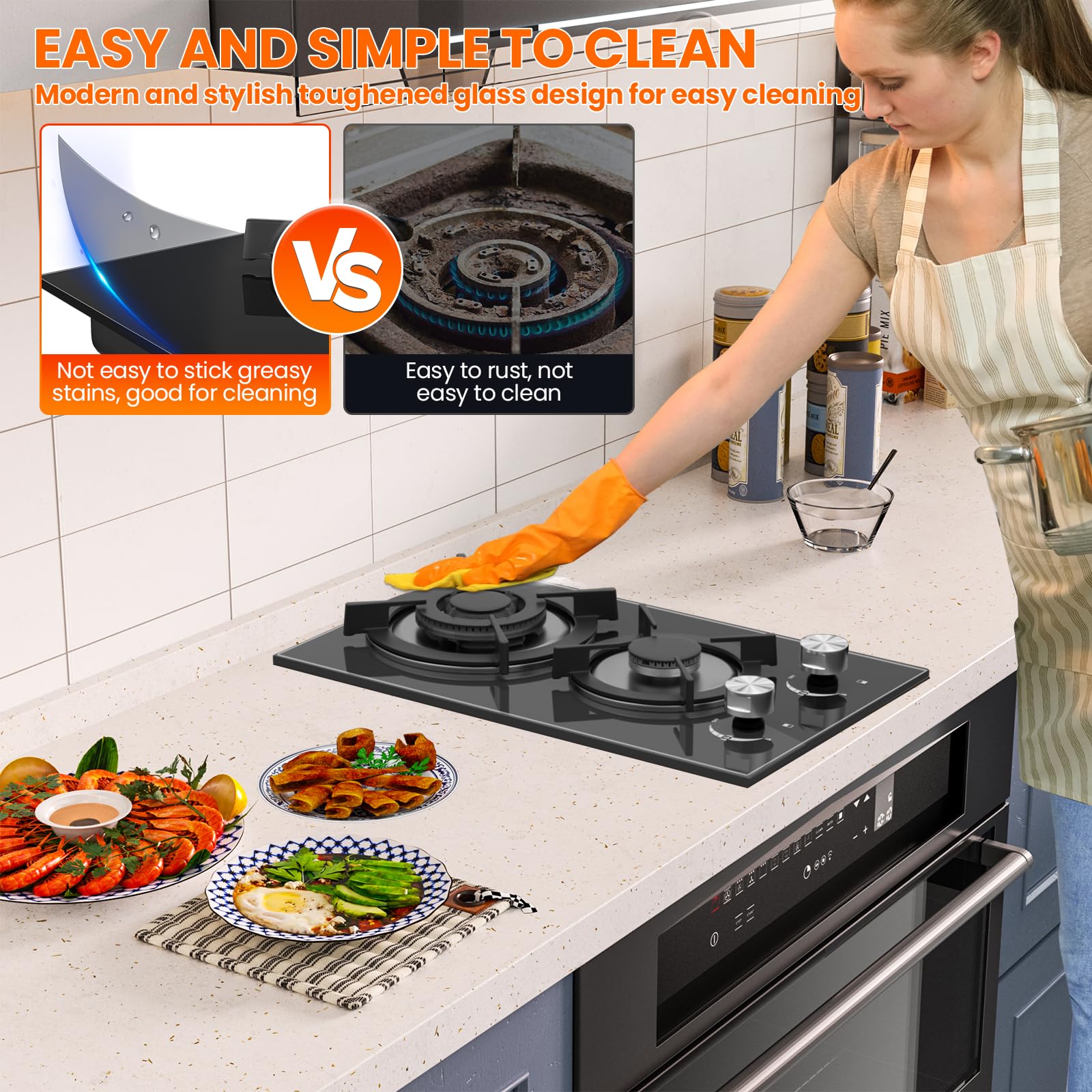 Gas Hob 2 burners, Built in Black Glass Gas Hob with Flame Out Protection,with Cast Iron Supports,NG/LPG Convertible — view 5