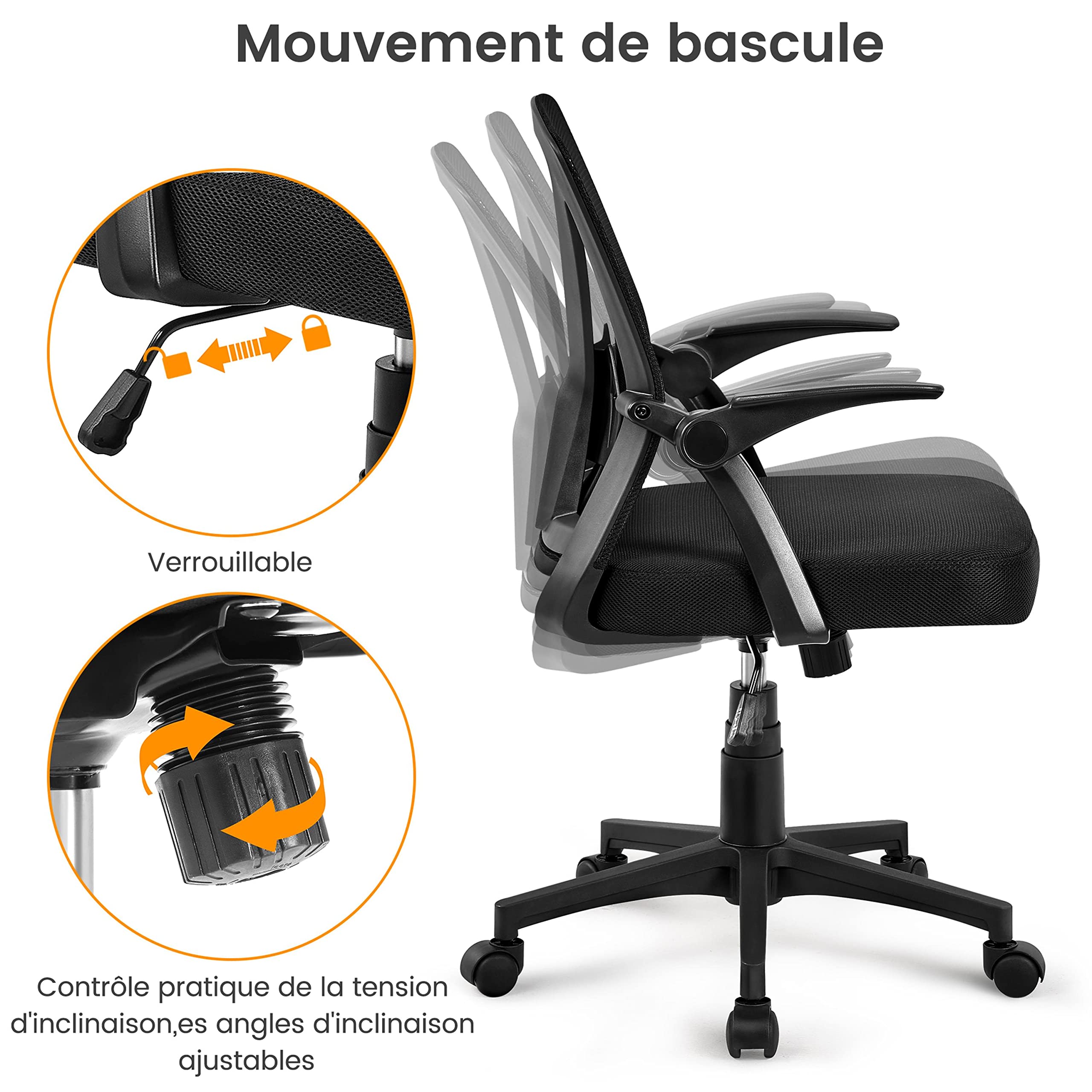Abician Fauteuil de Bureau Fauteuil d’Ordinateur en Maille avec Accoudoirs Relevables Support Lombaire Ajustable Assise Rembourrée Réglable en Hauteur Noir