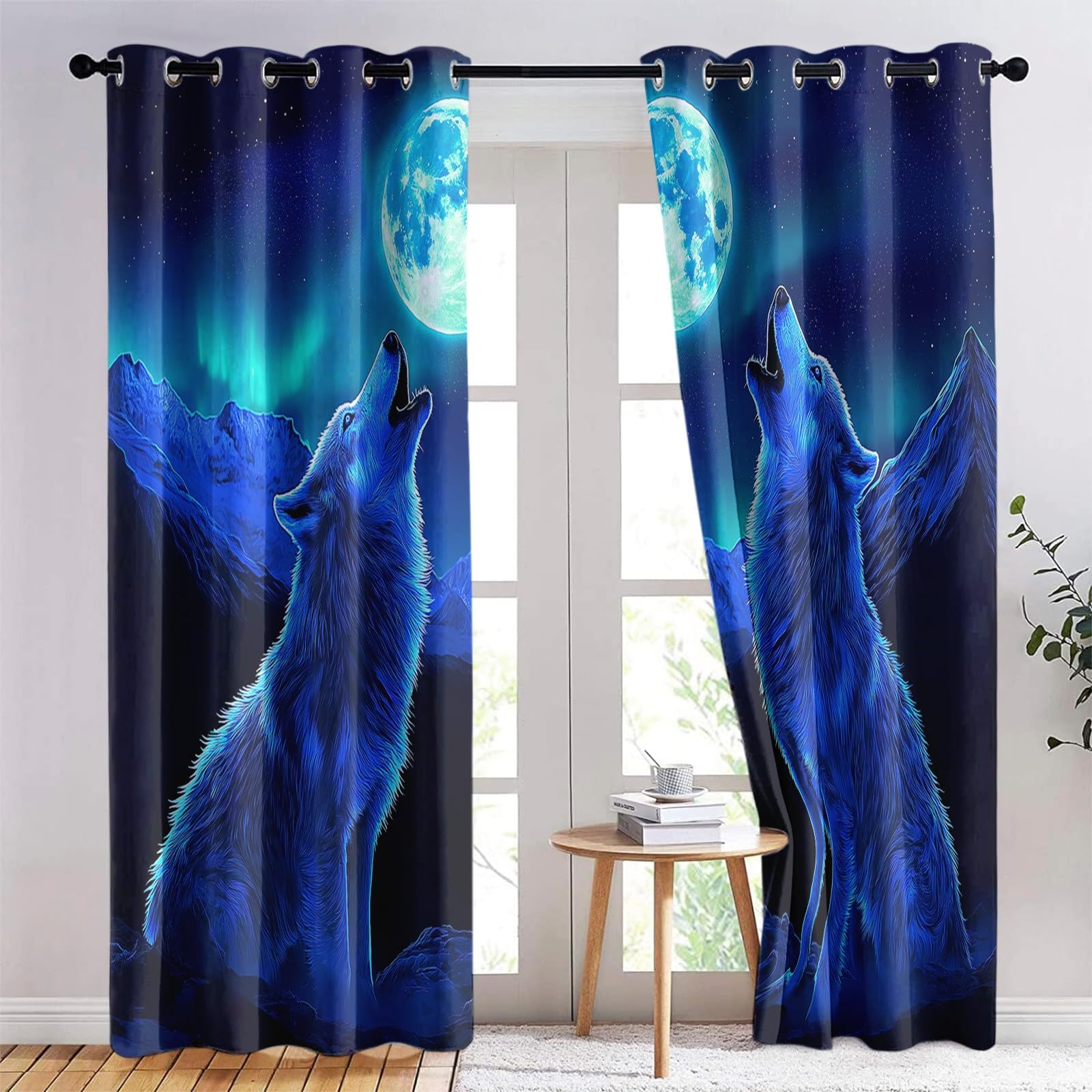 Tenda oscurante con motivo lupo e lupo, oscurante, con occhielli, per soggiorno e camera da letto, 220 x 215 cm