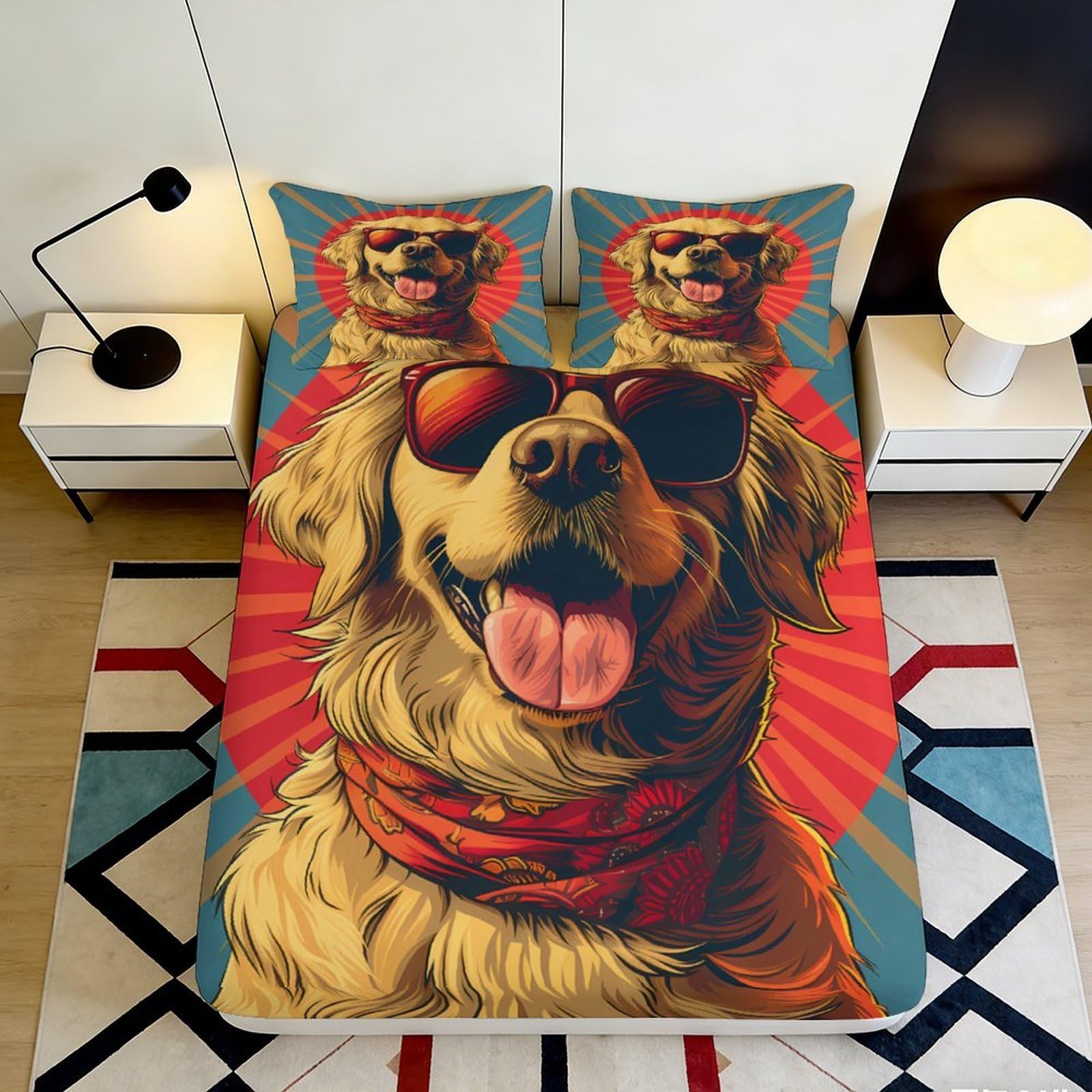 3D Printed Cool Dog Pattern Fitted Sheet Microfiber Soft Breathable Sunglasses Dog Bed Cover for Bedroom Dormitory Guest Room Mattress Protection 160x200x25cm