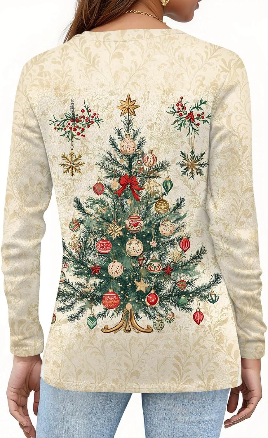 Long Sleeve Christmas Shirts for Women Crew Neck Petite Tops Cotton Casual Ladies Fall Tee Beige Large 362 - Image 4