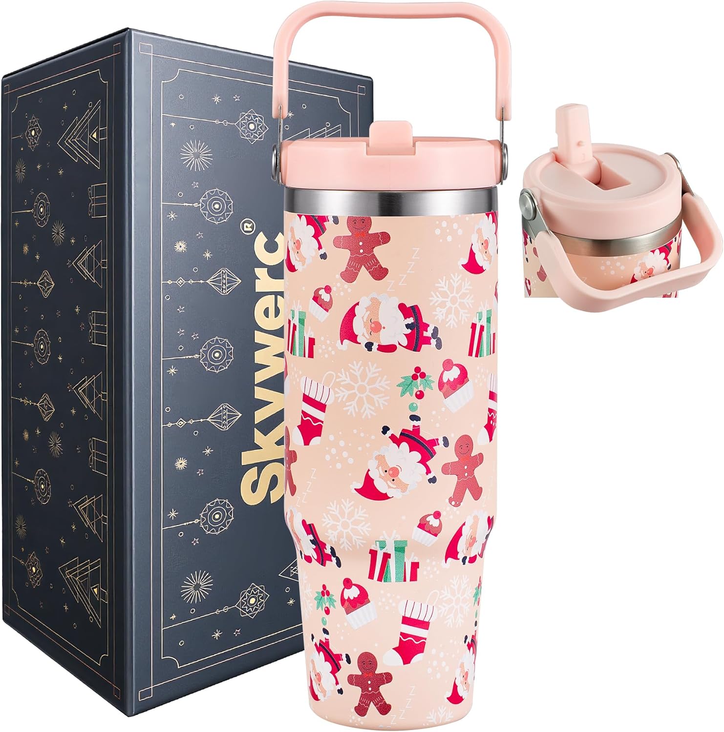30 oz Christmas Flip Straw Tumbler with Top Handle, Double Wall Vacuum Insulated Tumbler, Christmas Water Bottles Cup, Fit in Cup Holders, Keep Cold for 30 Hrs