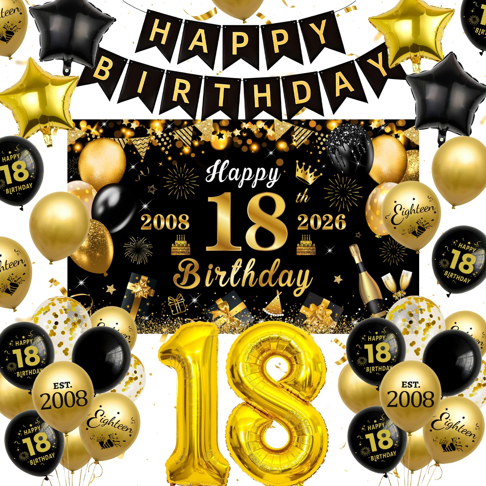 WINAROI 18th Birthday Decorations for Boy and Girl,Black and Gold 18th Birthday Banner,18th Birthday Balloons,2008 Backdrop Banner Birthday Party Decoration
