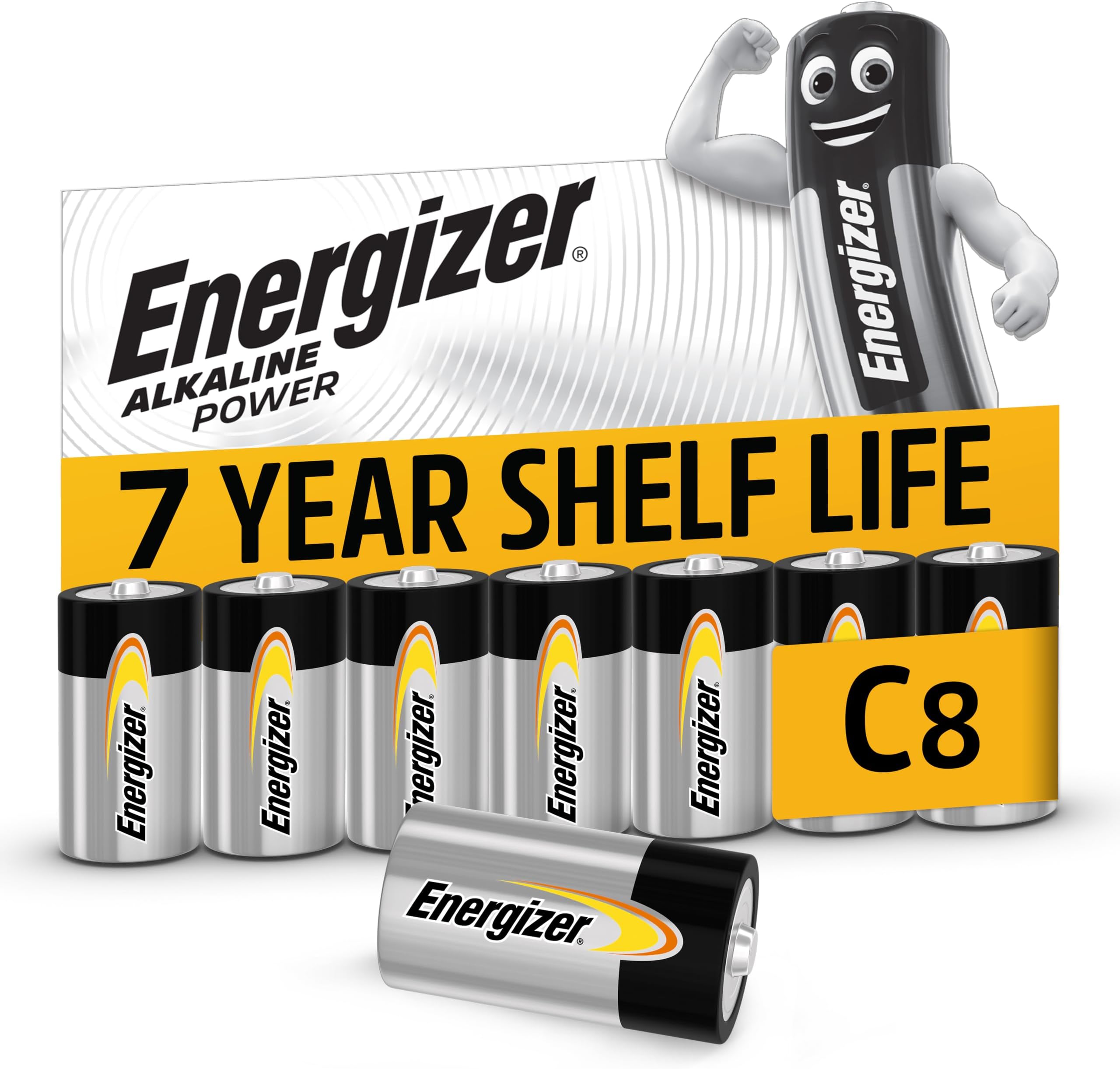 Energizer Alkaline Power - C Batteries (8 Pack) - 1.5V Battery - Long Lasting Power - Toys, Radios, Torches - 100% Recyclable Plastic Free Packaging - 7 Year Shelf Life [Amazon Exclusive]