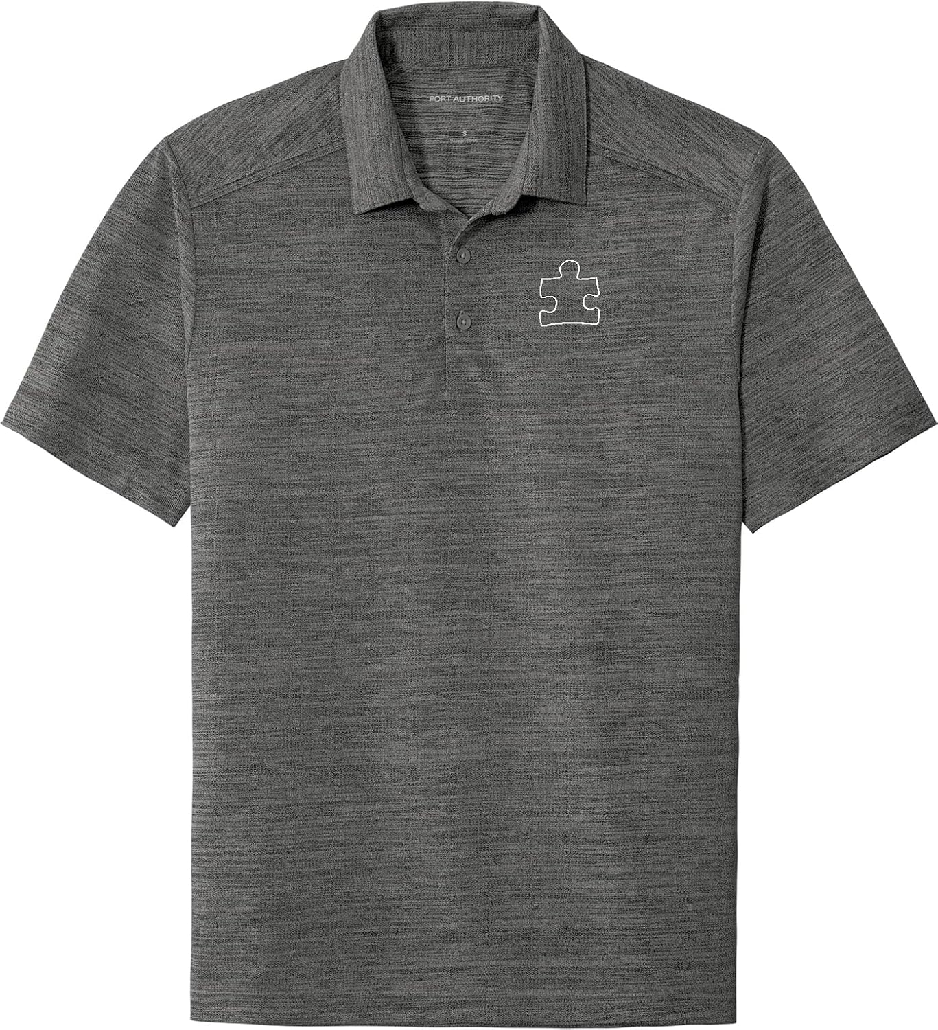 Autism Awareness White Puzzle Piece Chest Print Stretch Heather Polo Shirt
