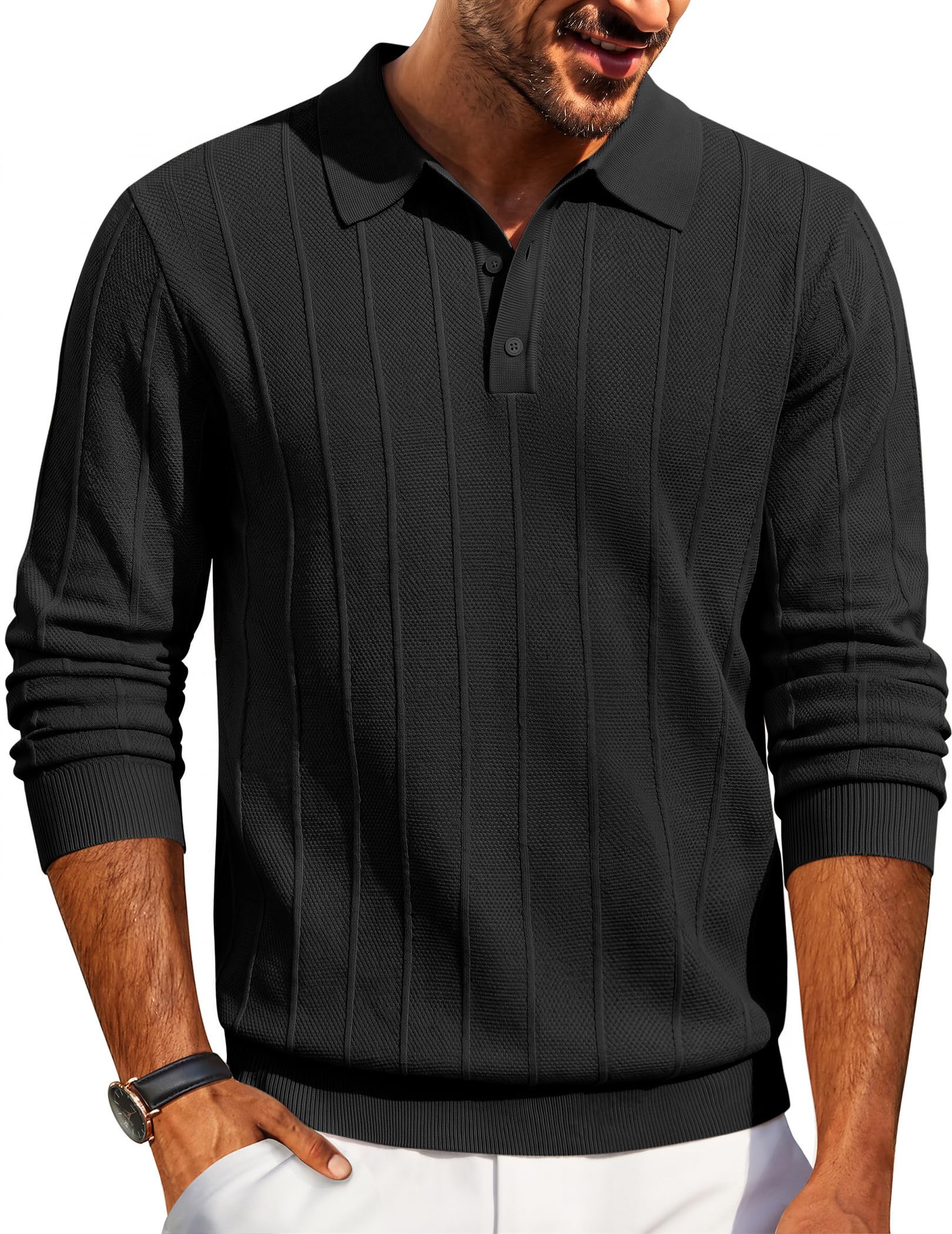 COOFANDY Mens Knit Polo Long Sleeve Polos Sweater Causal Collared Sweaters | High Elastic Cuffs and Hem, Knitted Texture Polo Collar, Old Money Clothes, Perfect for Casual and Business Office