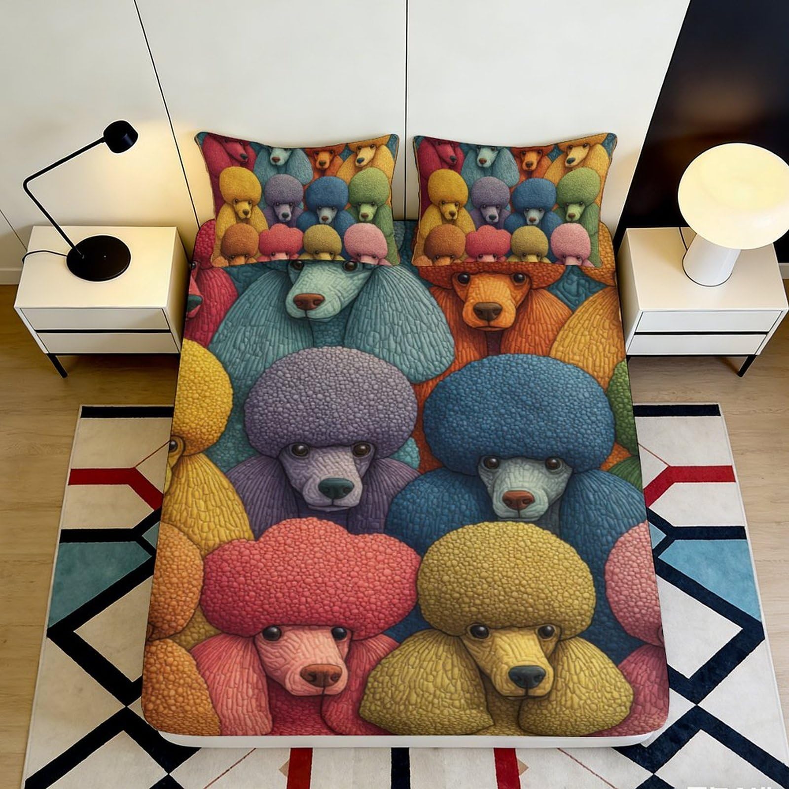 3D Printed Colorful Poodle Fitted Sheet Microfiber Soft Breathable Cartoon Dog Bed Cover for Bedroom Dorm Mattress Decor 90x200x25cm