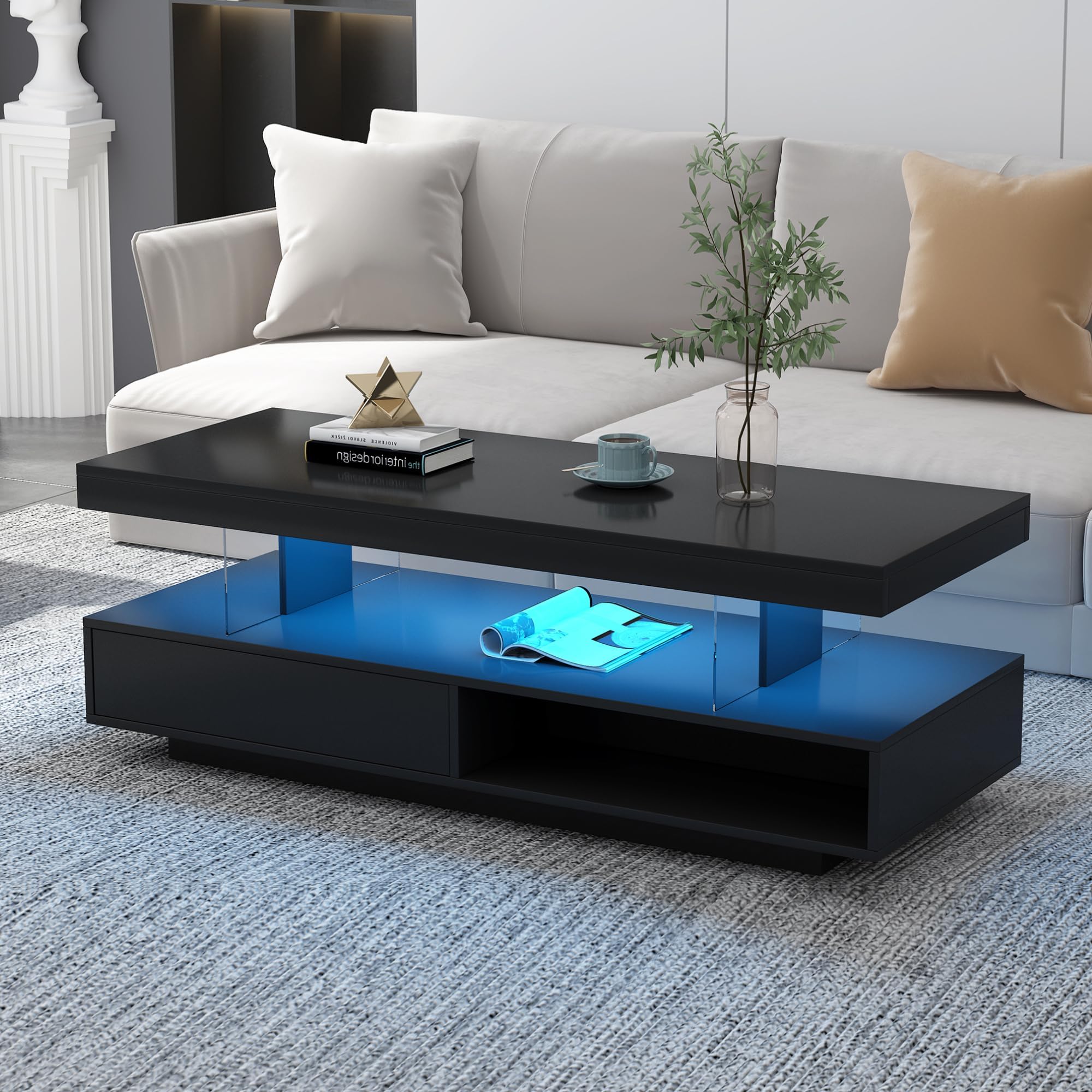 Harper & Bright DesignsLED Coffee Table High Gloss Center Table with 2 Drawers and Display Shelves, Cocktail End Table Sofa Table with LED Lights for Living Room (Black)