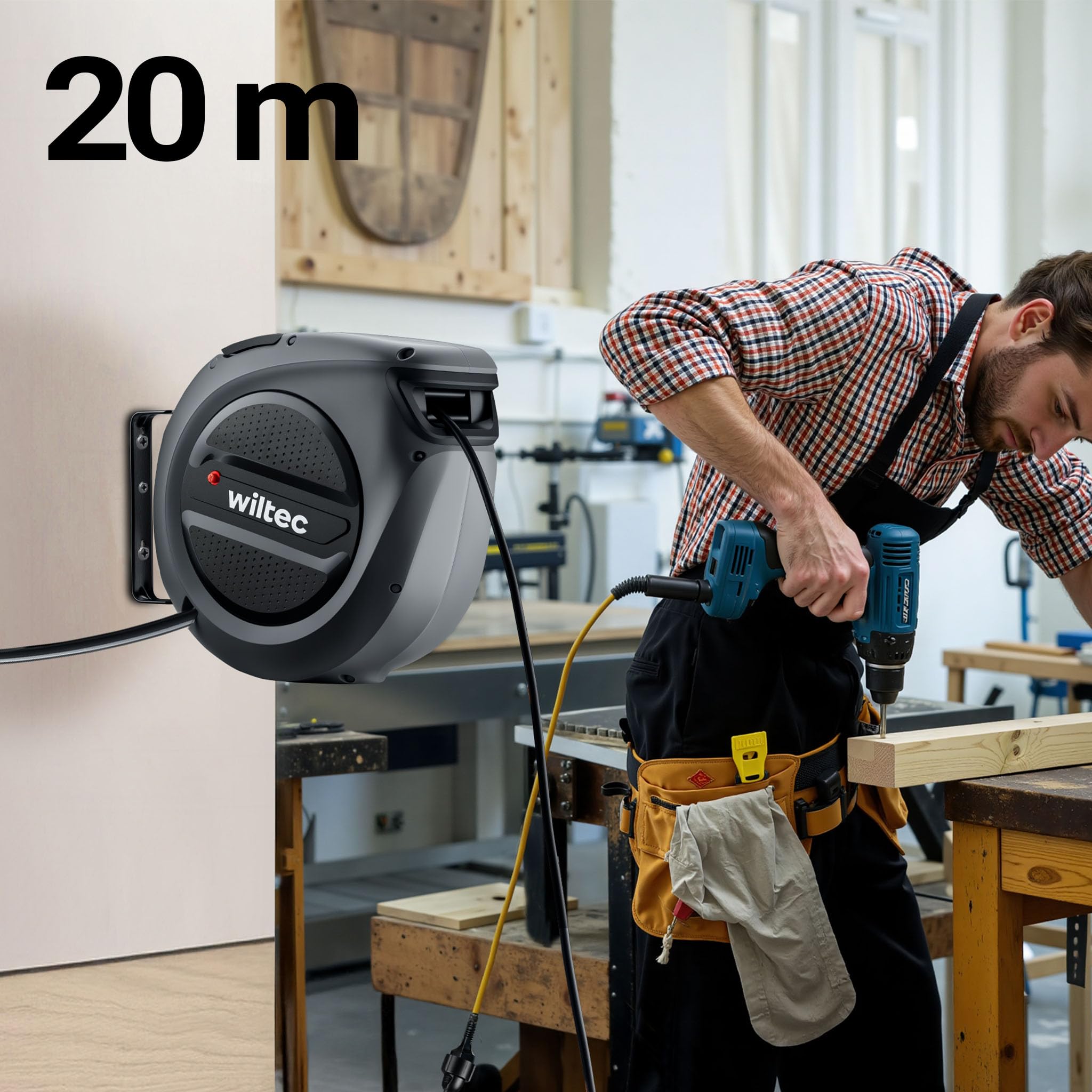 Wiltec Avvolgicavo elettrico automatico 20 m + 2 m, avvolgitore cavo automatico 1500-3200 W, prolunga elettrica avvolgibile con staffa a 180°