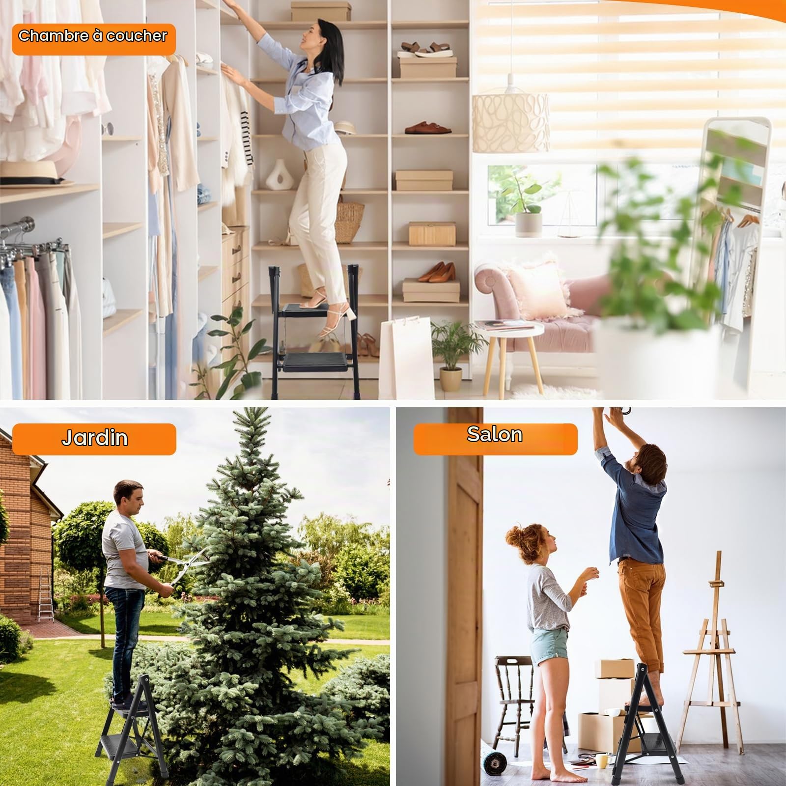 Escabeau 2 Marches, Marche Pied Pliable avec Pédales Élargies et Pieds Antidérapants, Échelle Marchepied Robuste pour Maison, Cuisine, Bureau, Intérieur, Extérieur, Noir