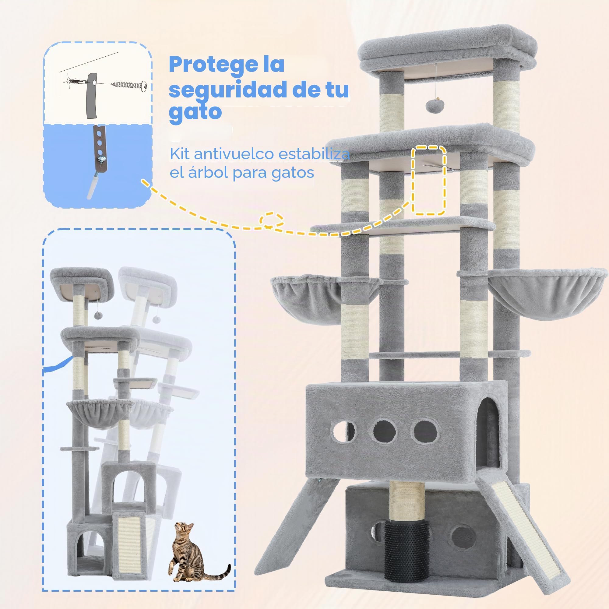 Hey-brother Rascador para Gatos, con 2 Cuevas, 2 Plataformas, MPJ085W | 181cm Árbol para Gatos, 2 Rampas Rascadoras, 2 Cestas, Cepillo Mascotas, Pelota Peluche, para Gatos Interior, Gris Claro