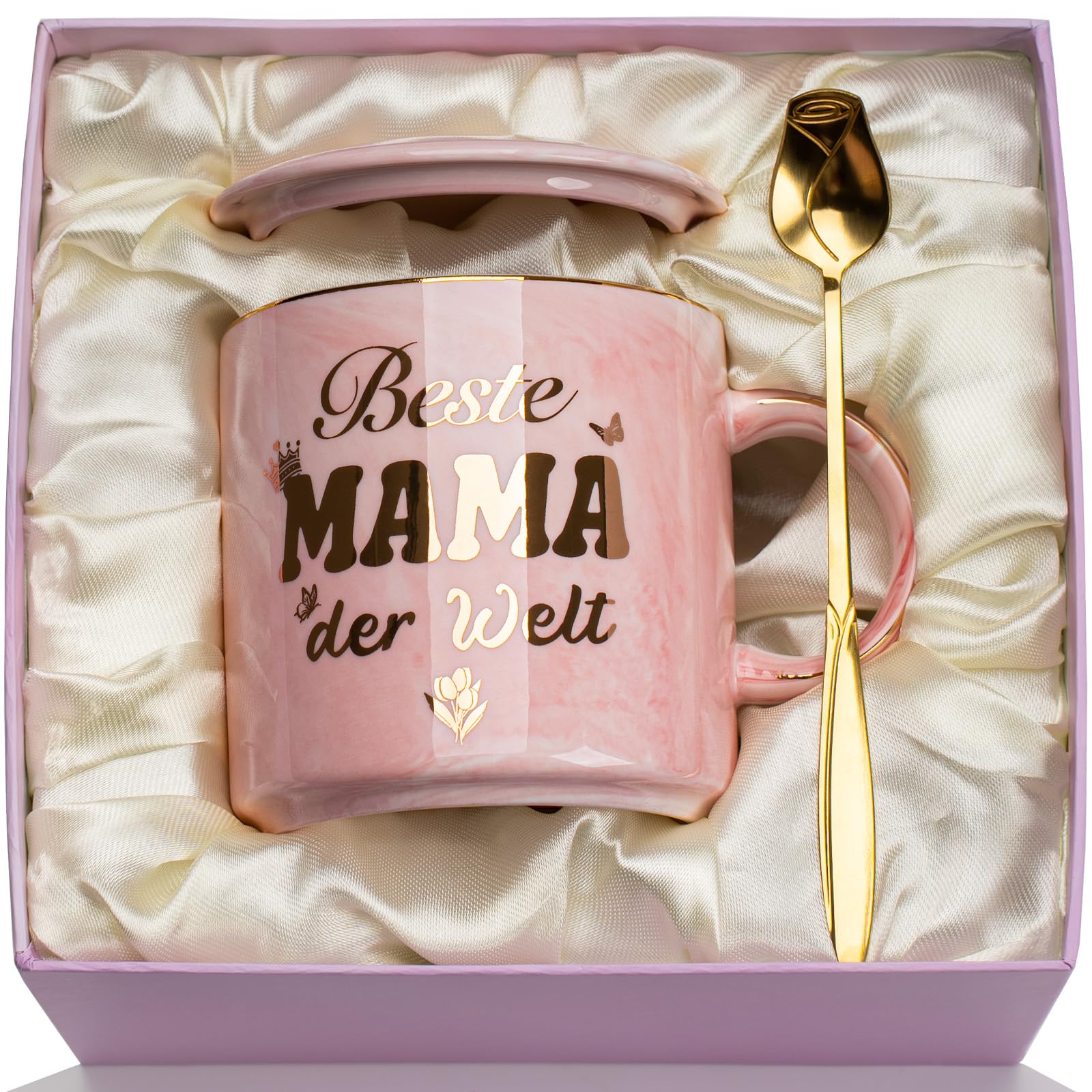Marmor Keramik Kaffeetasse Tasse Geschenk, 400ml, Blätter Löffel, Geschenkbox, Grußkarte