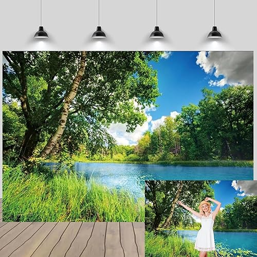 Miniatura 2 de CSFOTO Telón de fondo de paisaje de parque de 5 x 3 pies, río azul agua y árbol, jardín, cielo azul, picnic al aire libre, primavera, fondo,