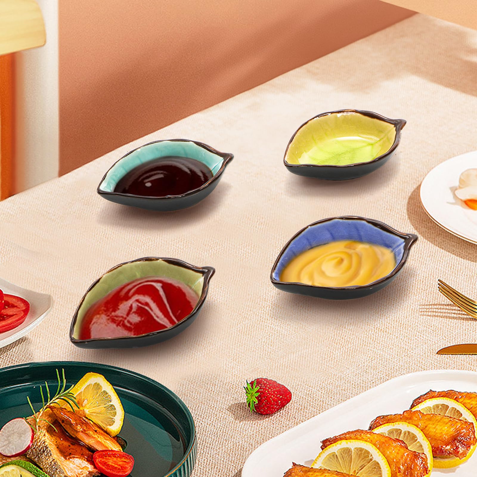 Lot De 4 Petits Plats Sauce En Céramique Forme Feuille - Artisanat Élégant Pour Condiments Et Apéro