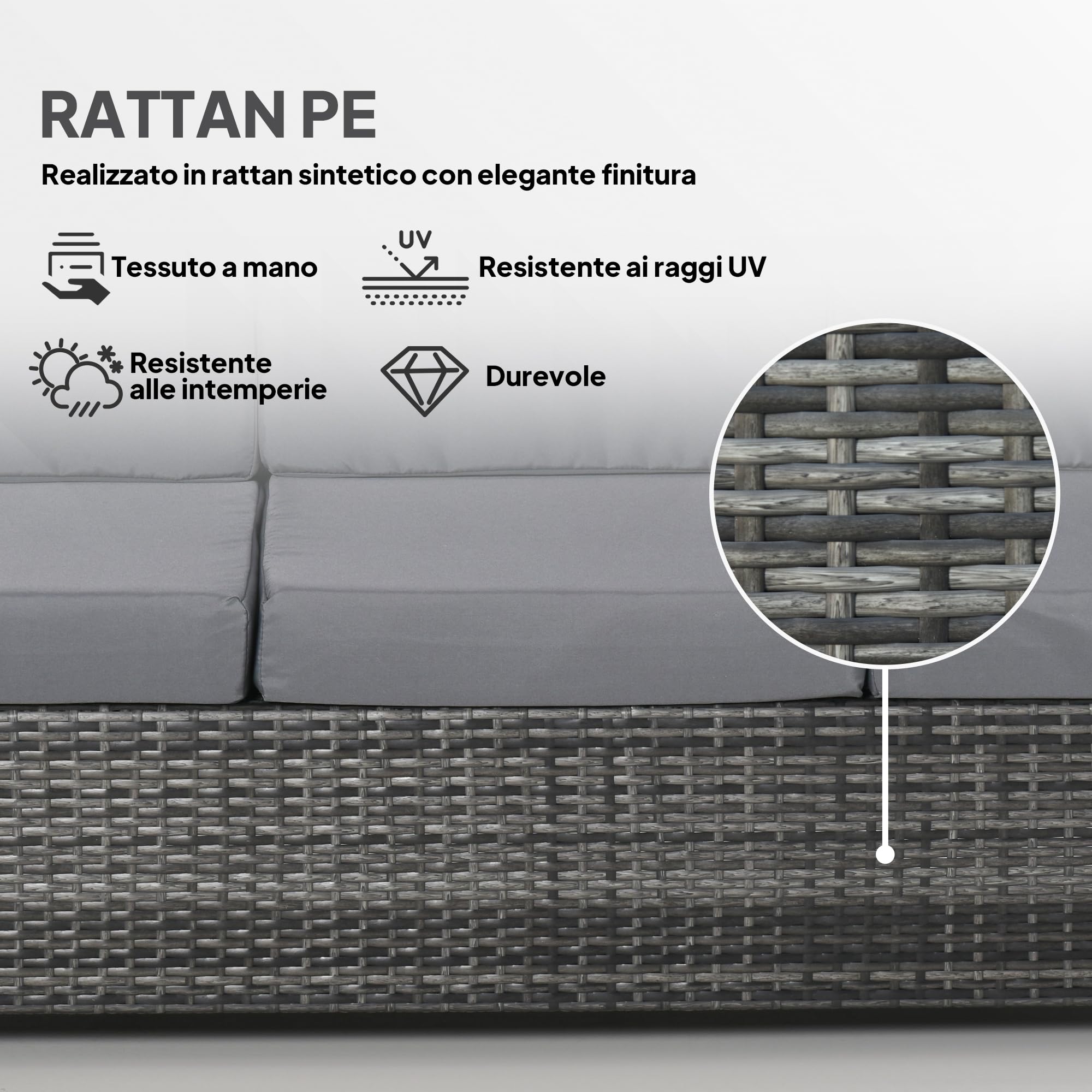 Outsunny Divanetto da Esterno 3 Posti in Rattan PE, Divano da Esterno con Cuscini Imbottiti e Sfoderabili, Struttura in Metallo per Giardino, Patio e Terrazzo, 185x70x80 cm, Grigio
