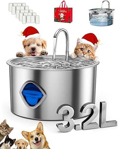 Pawdrate - Fuente de agua para perros pequeños (con 10 filtros, 3.2L108 onzas), fuente silenciosa de acero inoxidable con nivel de agua visual y