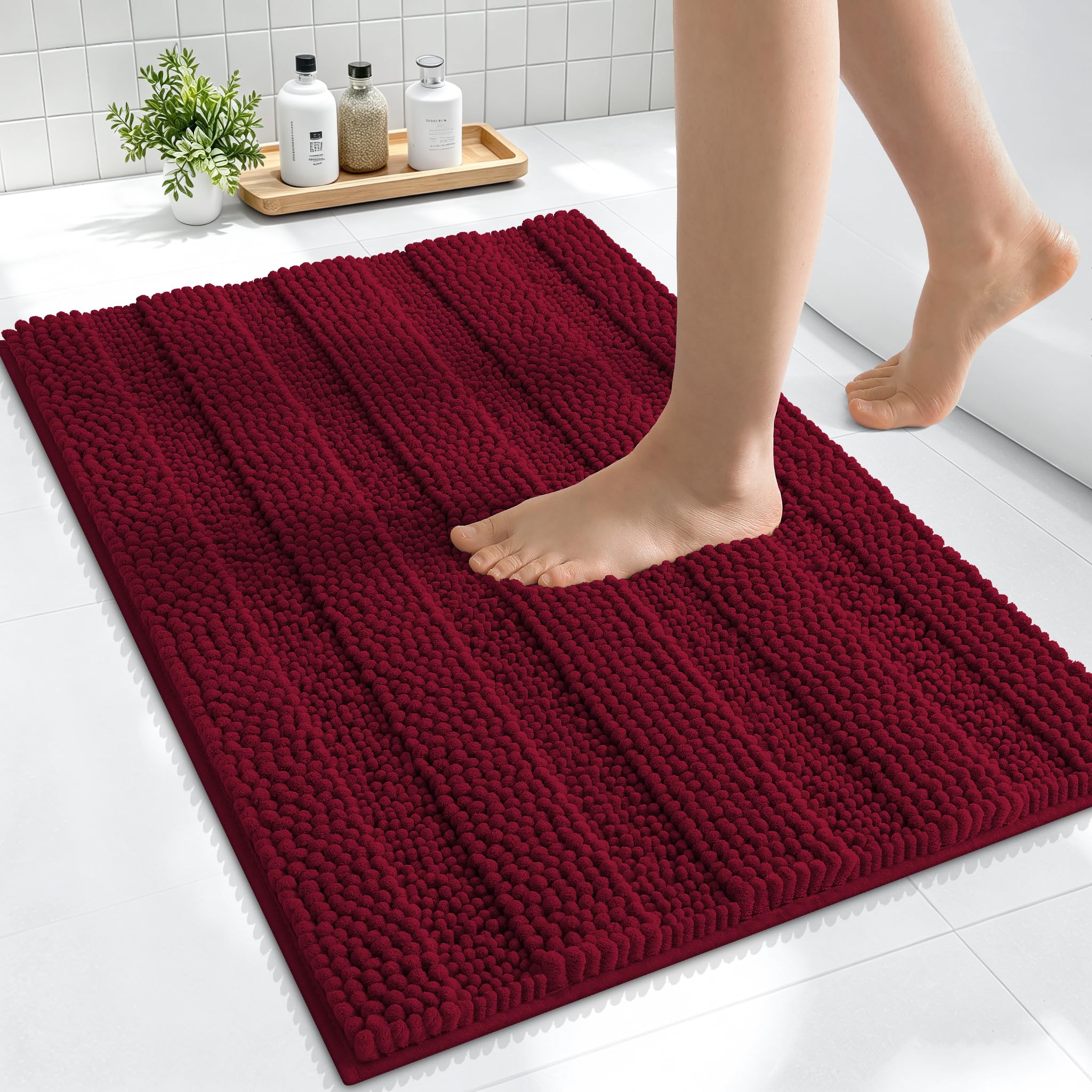 Smiry Thick Small Chenille Bathroom Rugs 24x16, Soft Bath Mat, Burgundy